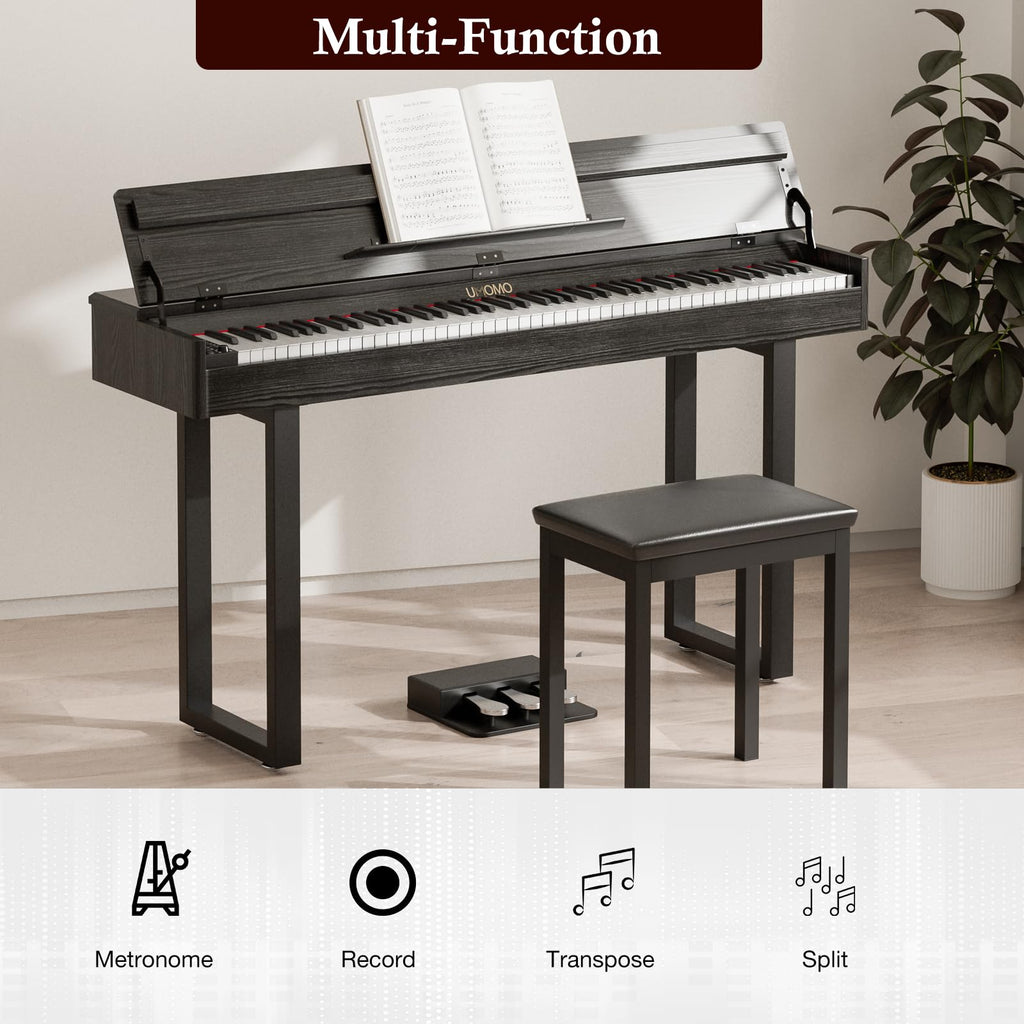 UMOMO 88 Key Weighted Digital Piano with Progressive Hammer Action, Metal Stand & Single Bench, Triple Pedals, USB MIDI, 128 Tones/Rhythms – Full Size Electric Keyboard for Beginners