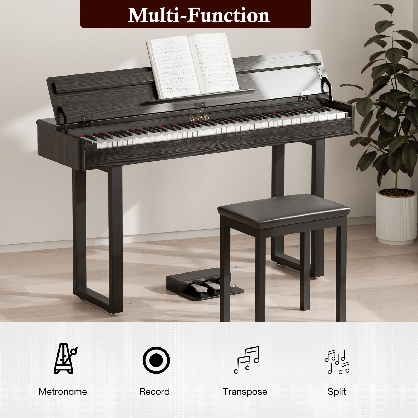 UMOMO 88 Key Weighted Digital Piano with Progressive Hammer Action, Metal Stand & Single Bench, Triple Pedals, USB MIDI, 128 Tones/Rhythms – Full Size Electric Keyboard for Beginners