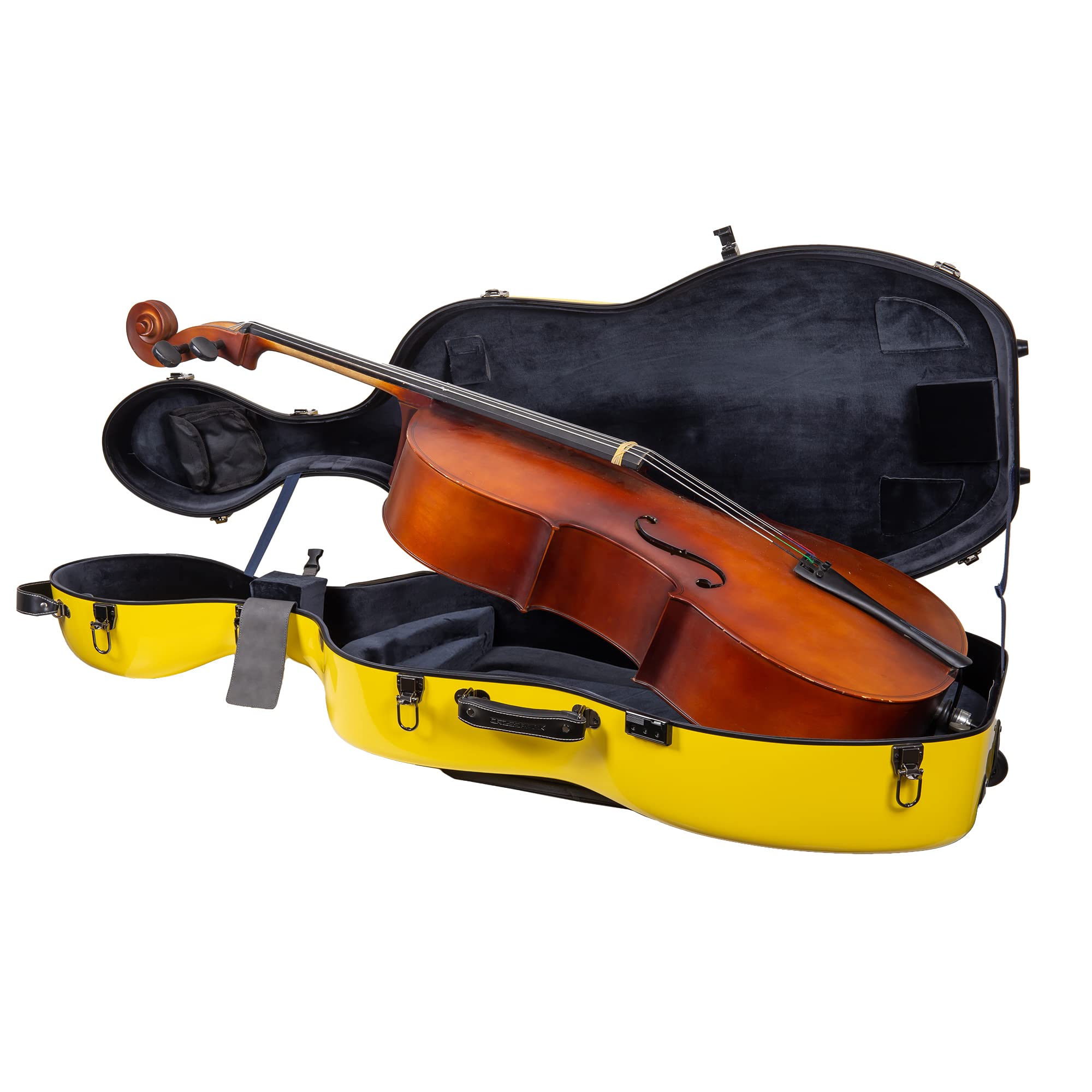 Crossrock Fiberglass Cello 4/4 Full Size Hardshell Case with Wheels in Yellow