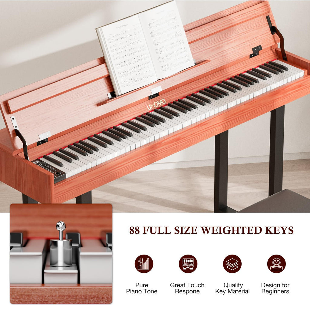 UMOMO 88 Key Weighted Digital Piano with Progressive Hammer Action, Metal Stand & Single Bench, Triple Pedals, USB MIDI, 128 Tones/Rhythms – Full Size Electric Keyboard for Beginners