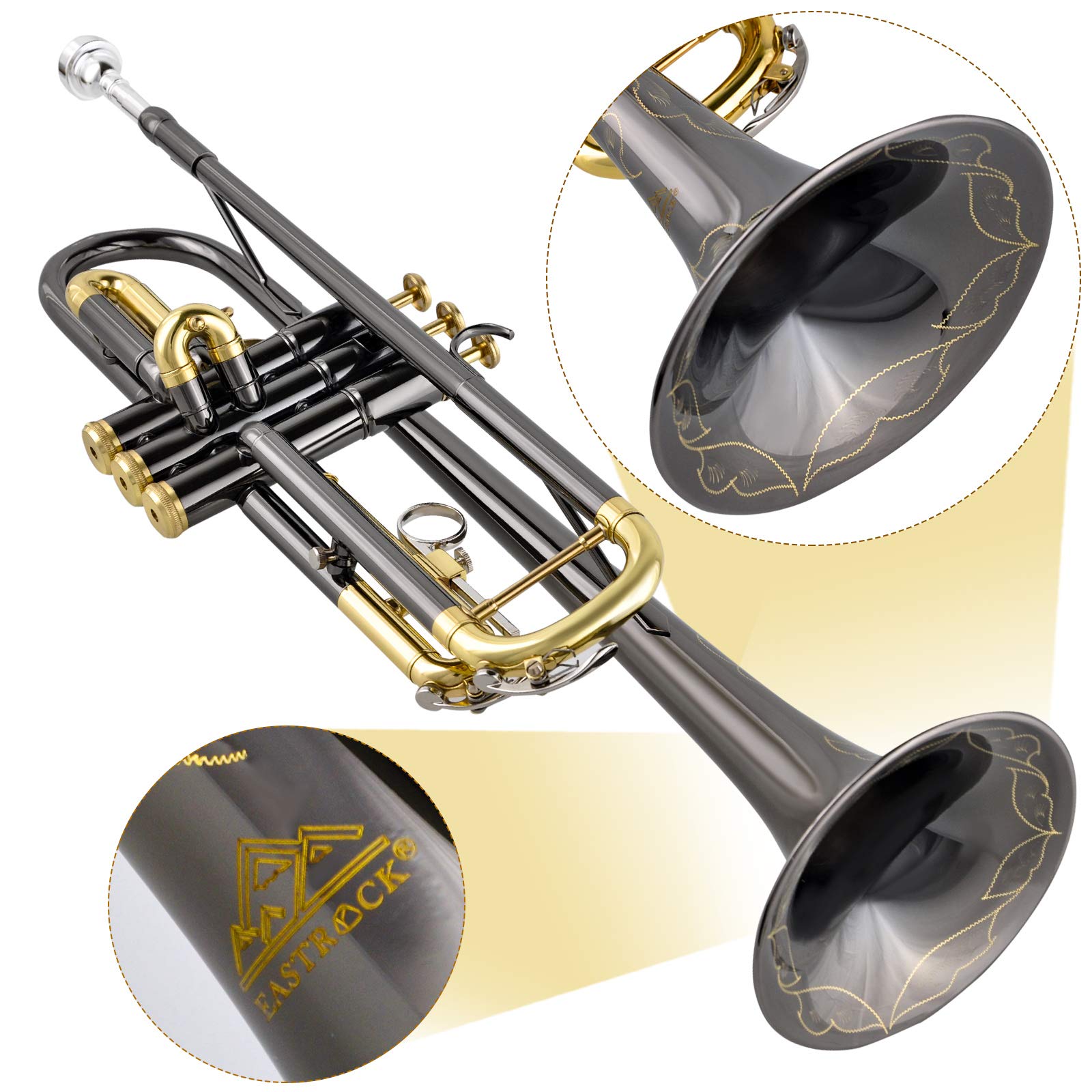 EASTROCK Bb Trumpet Standard Trumpet Set with Carrying Case,Gloves, 7C Mouthpiece, Tuning Rod, Black Nickel,Hand Carved Craft