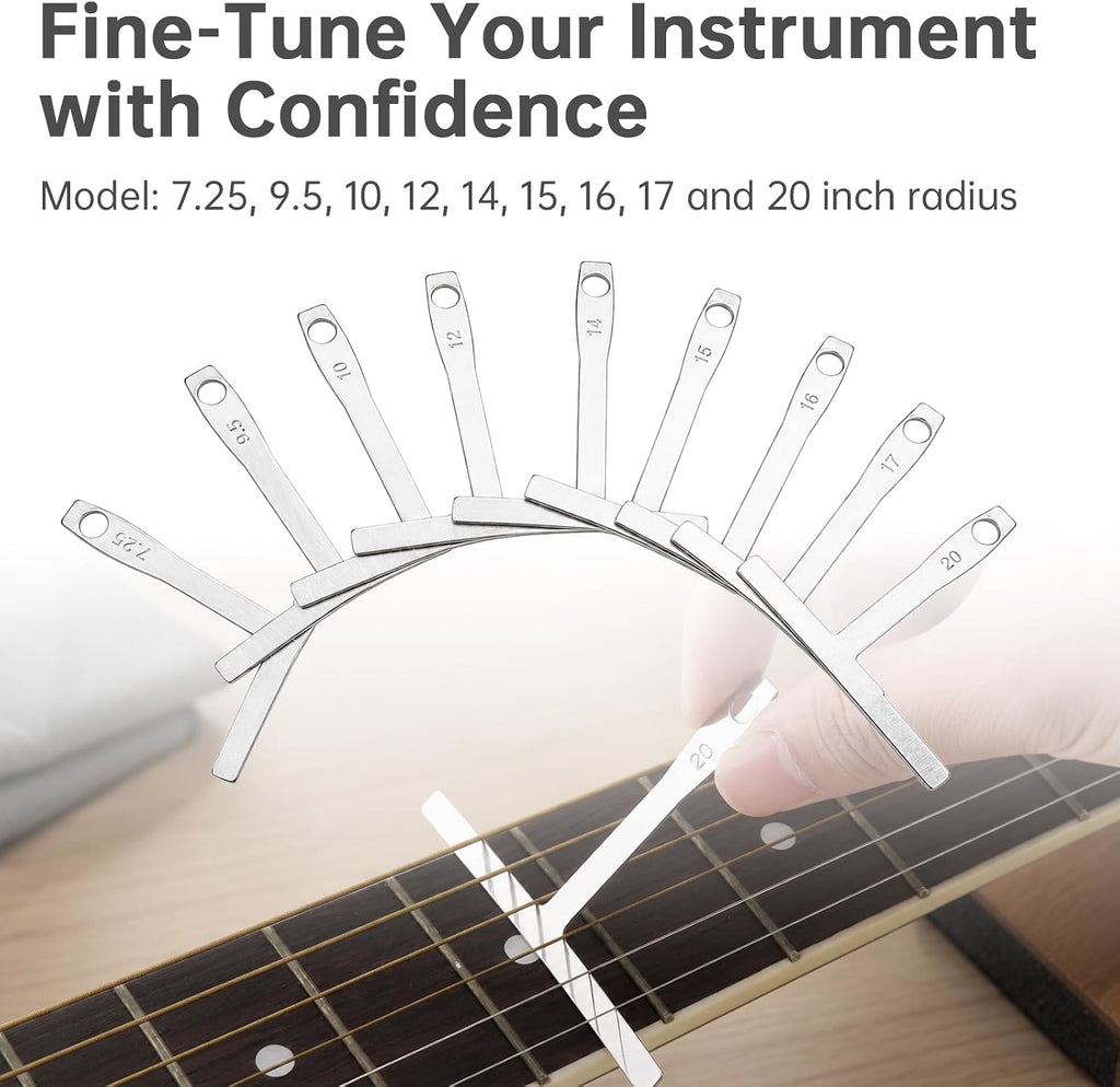 Guitar Luthier Tools Radius Gauge String Action Ruler Measuring Setup Kit | 9 radius size.Laser-engraved stainless steel.Matte finish reduces glare. w Cleaning Cloth Storage Case for Acoustic/Electric