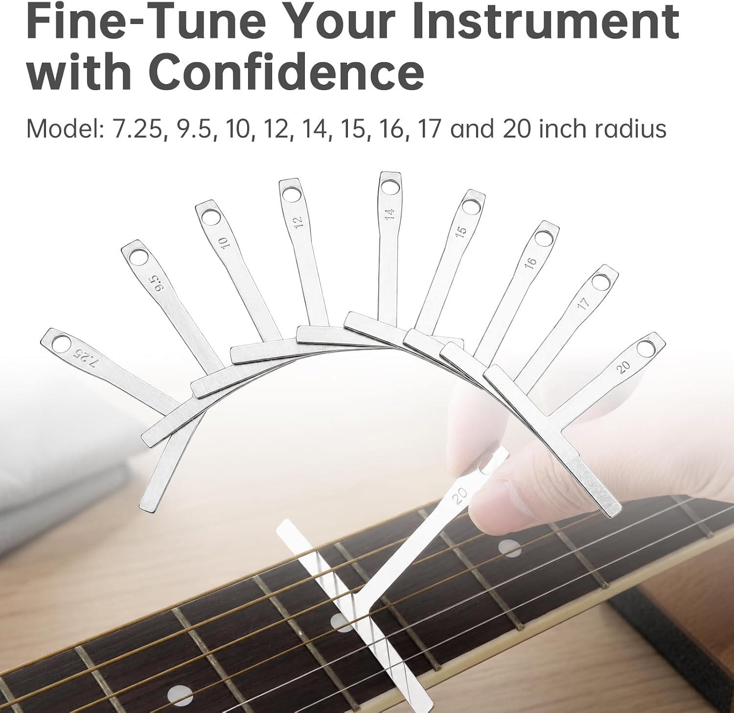 Guitar Luthier Tools Radius Gauge String Action Ruler Measuring Setup Kit | 9 radius size.Laser-engraved stainless steel.Matte finish reduces glare. w Cleaning Cloth Storage Case for Acoustic/Electric