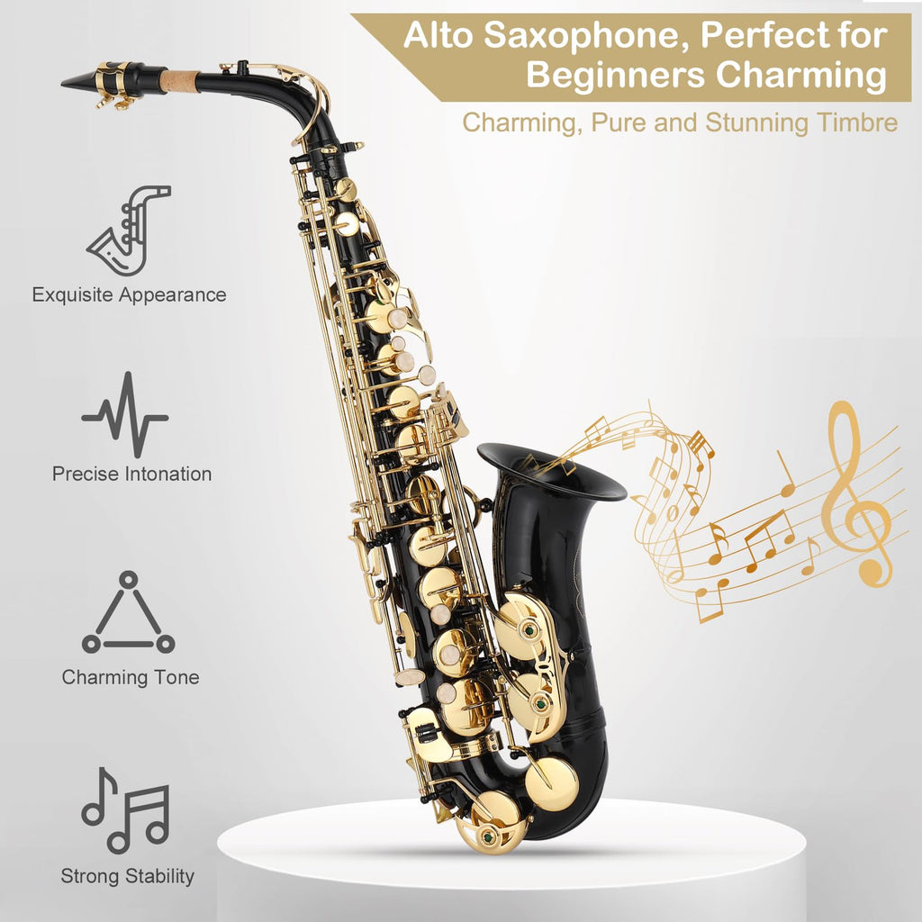 E Flat Alto Saxophone, Brass Alto Saxophones Instrument with Carry Case, Mouthpiece, Cleaning Brush & Cloth, Strap Accessories For Beginner Professional