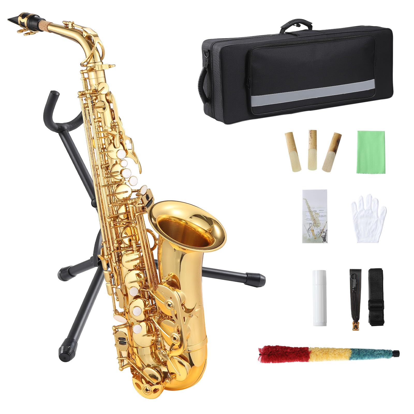Senfot AS-100 Eb Alto Saxophone Gold Lacquer Alto Sax Full Kit With Cleaning Cloth, Gloves, Brush, Headjoint, Reed, Strap, Stand, Tube Case, Saxophone for Beginners and Professional, Gold