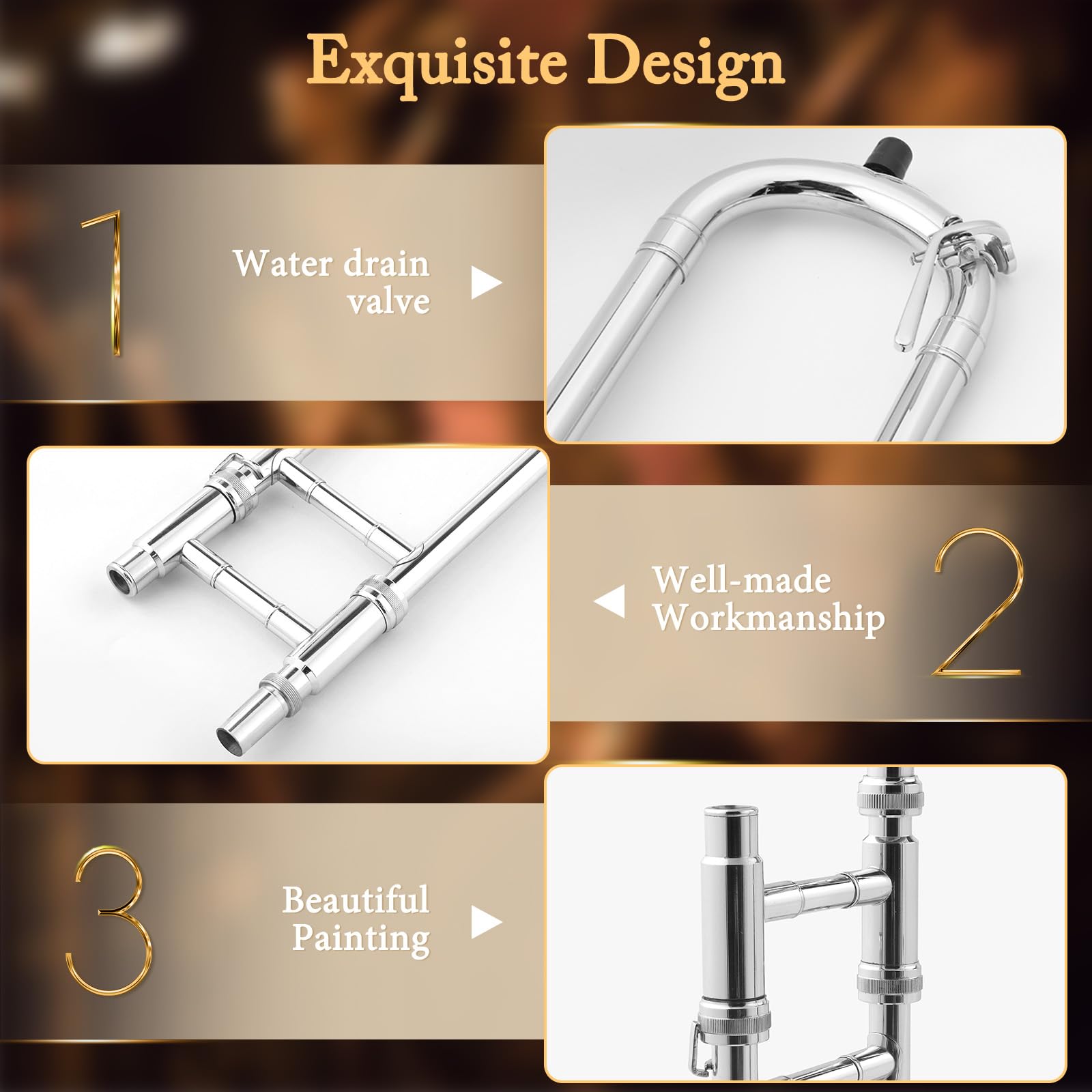Ktaxon B Flat Tenor Trombone with Mouthpiece, Brass Slide Bb Trombones for Beginners, Portable Instrument Includes Cleaning Cloth, Gloves and Trombone Case (Golden)
