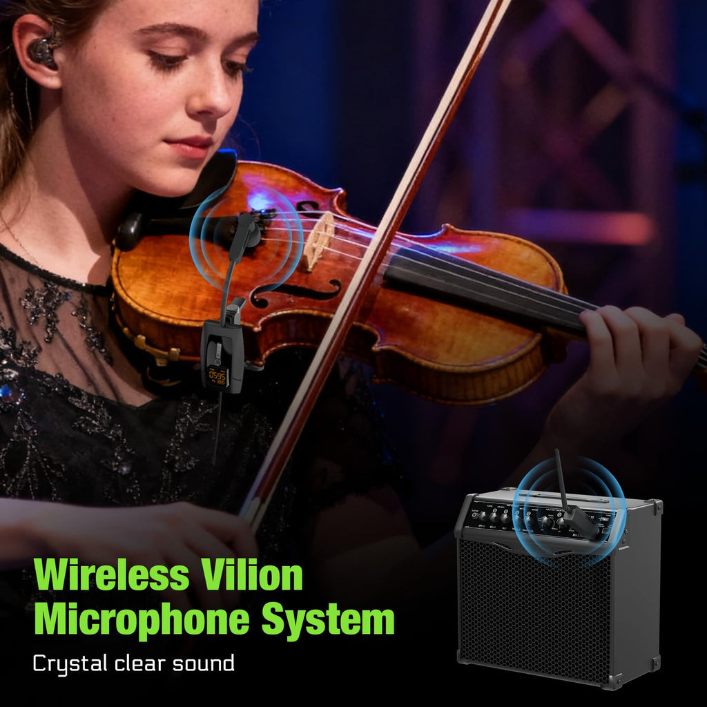 UHF Wireless Violin Cello Microphone System Violin Pickup Clip-on Instrument Microphones with Transmitter and Receiver for Musicians, Teachers, Stage Performances, Active PA Systems, 196ft Range