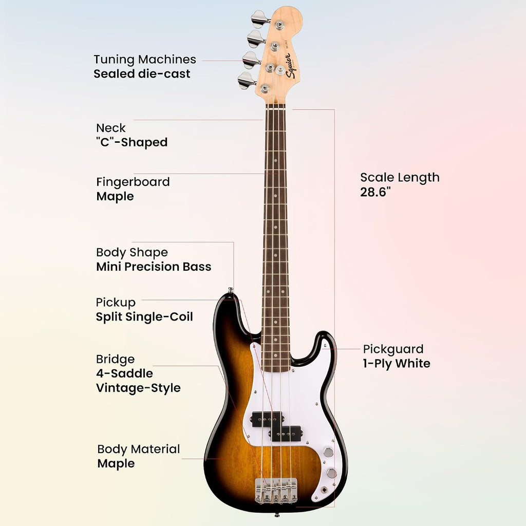 Fender Squier Mini Precision Bass Electric Guitar - 2-Color Sunburst Bundle with Instrument Cable, Tuner, Strap, Picks and Austin Bazaar Instructional DVD