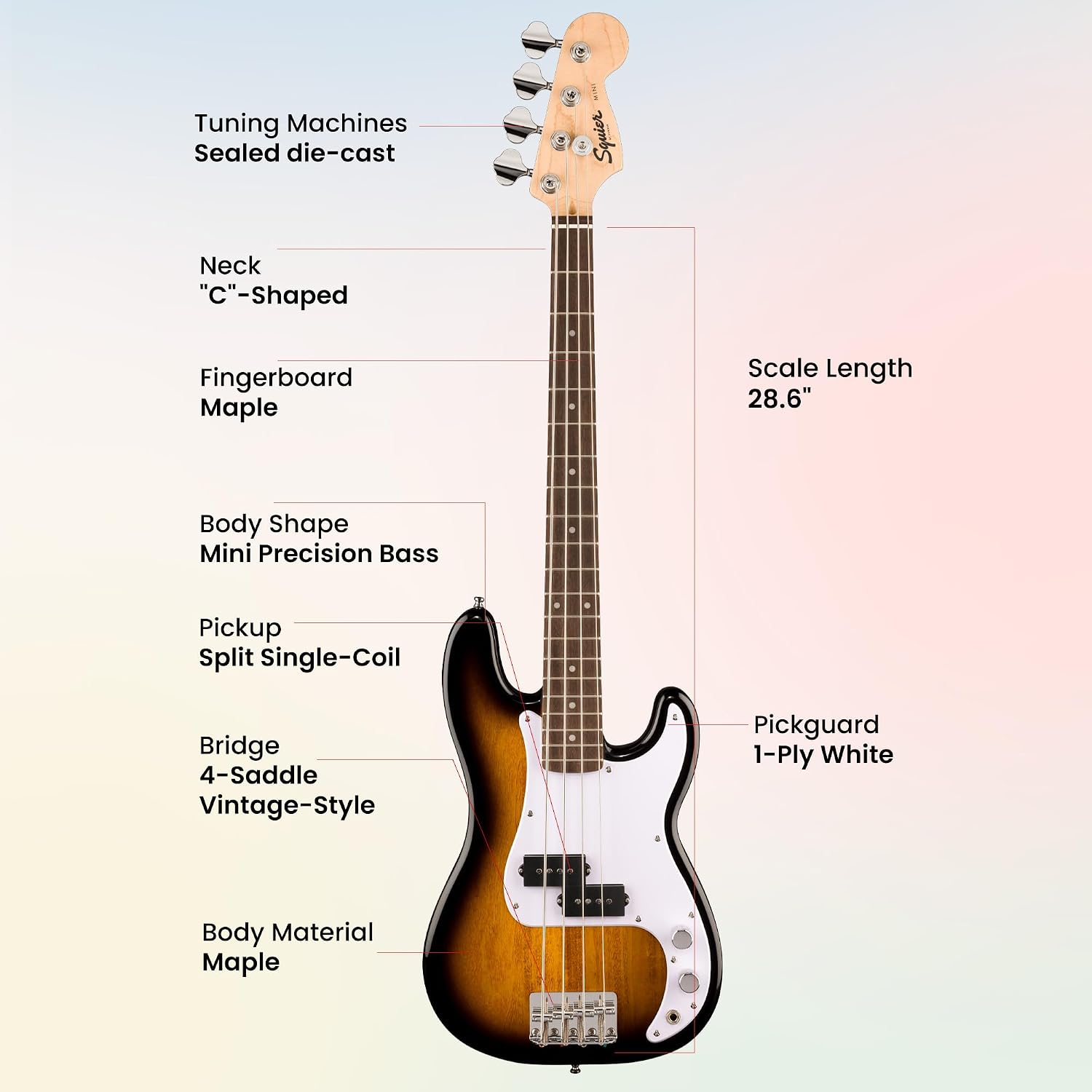 Fender Squier Mini Precision Bass Electric Guitar - 2-Color Sunburst Bundle with Instrument Cable, Tuner, Strap, Picks and Austin Bazaar Instructional DVD