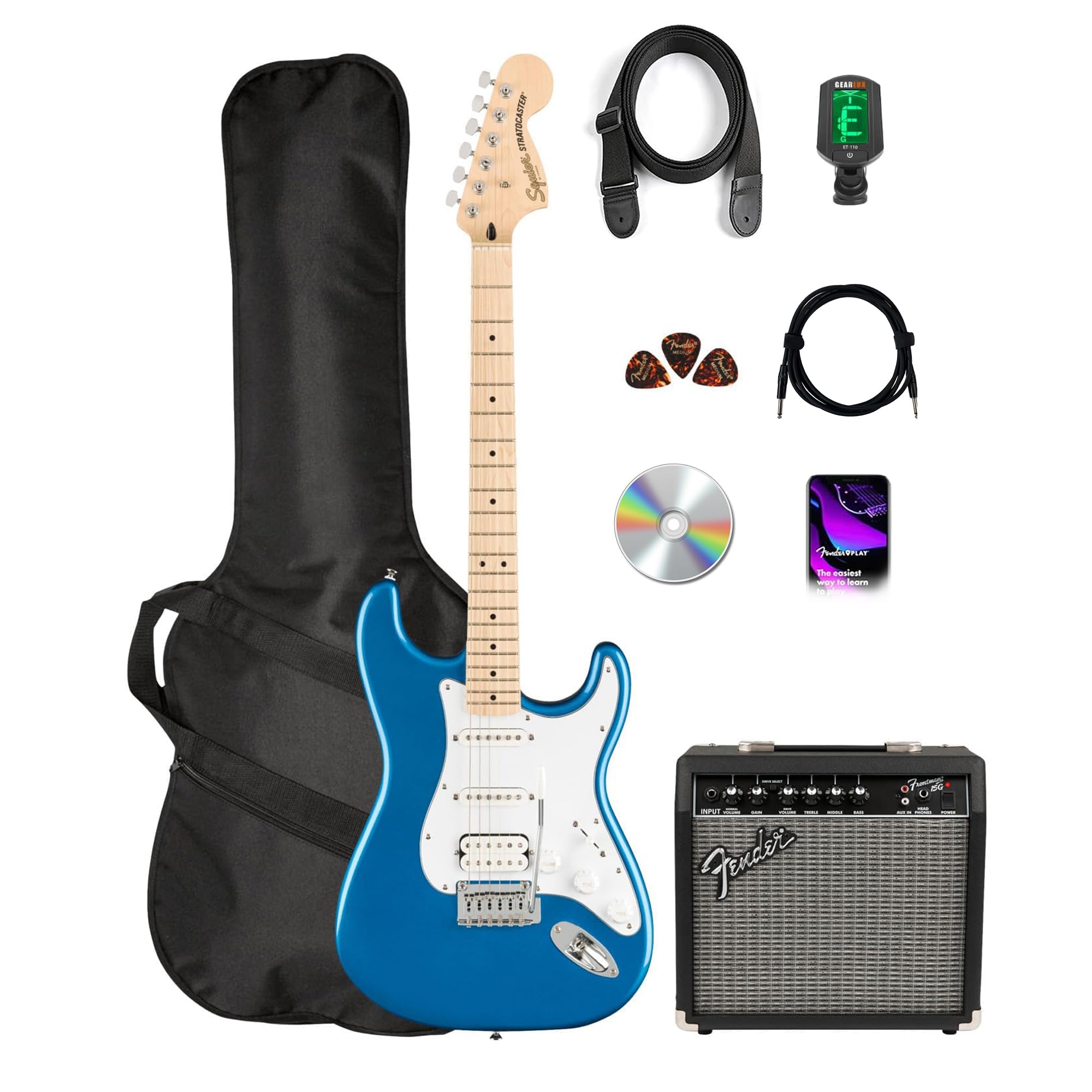 Fender Squier Affinity Stratocaster FMT HSS - Sienna Sunburst Bundle with Frontman 10G Amplifier, Gig Bag, Tuner, Instrument Cable, Strap, Picks, and Austin Bazaar Instructional DVD