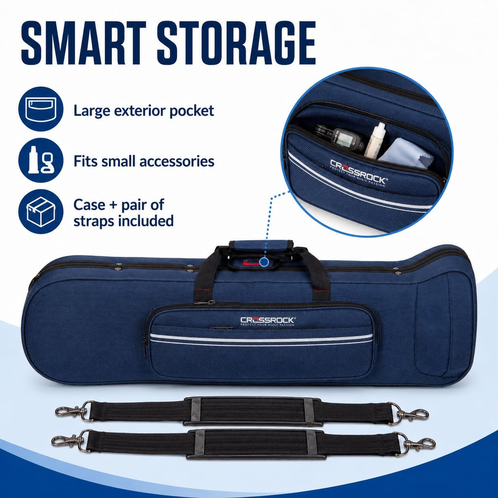 Crossrock Tenor Trombone Flight Case — Fits Bb Tenor with F-Attachment | Shockproof Design, Security Lock, Plush Interior, Single Shoulder Strap & Accessory Compartment (CRA980TBBK)