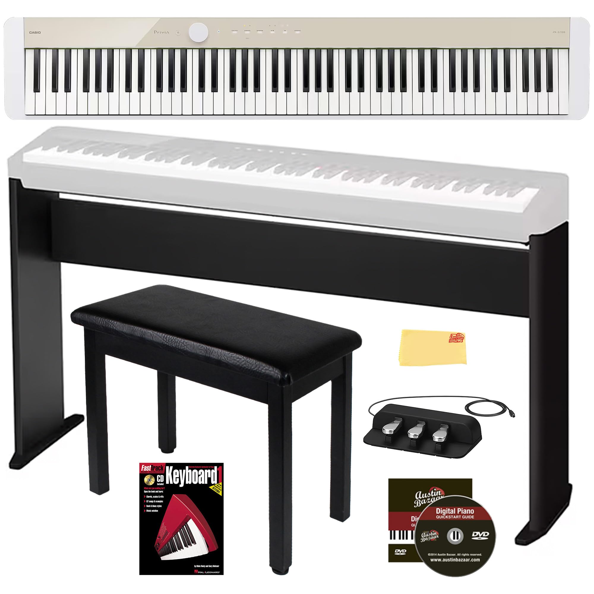 Casio PX-S1100 Privia Digital Piano - Black Bundle with CS-68 Furniture Stand, SP-34 Three Pedal System, Furniture Bench, Instructional Book, Instructional Video, and Austin Bazaar Polishing Cloth