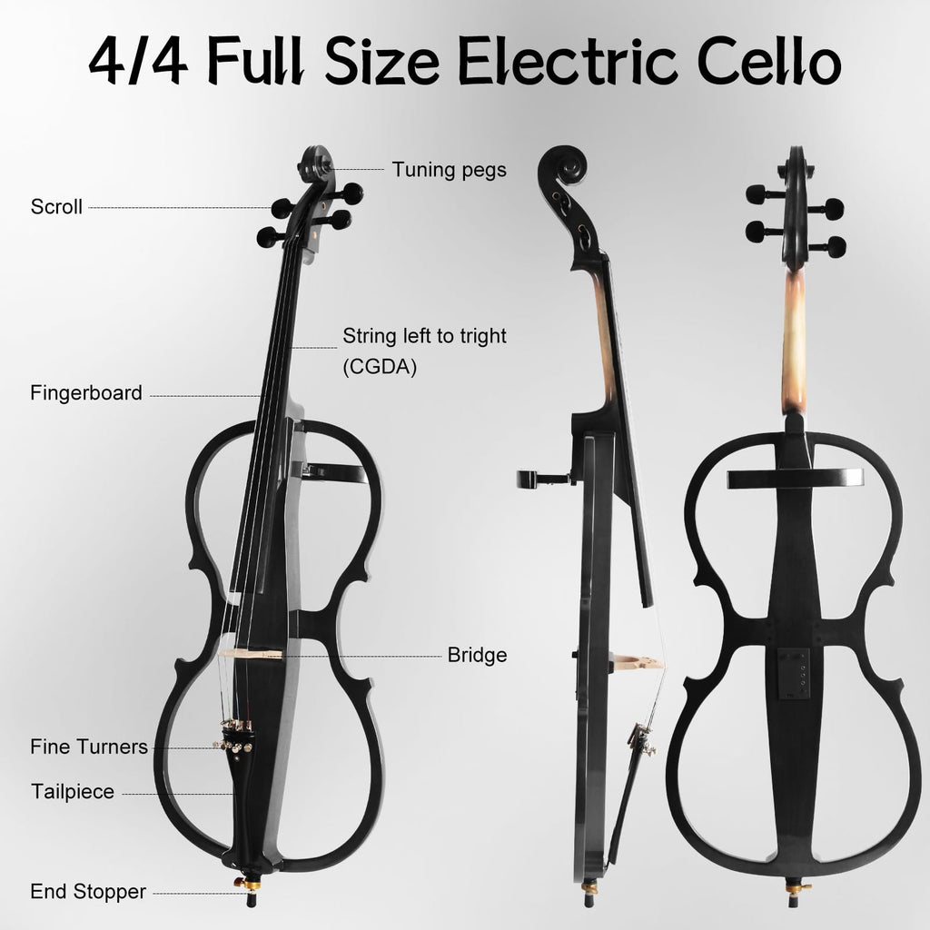 Electric Cello, Full Size Silent Practice Cello with Headphone Jack & Carry Bag, Professional Cello for Beginners/Adults