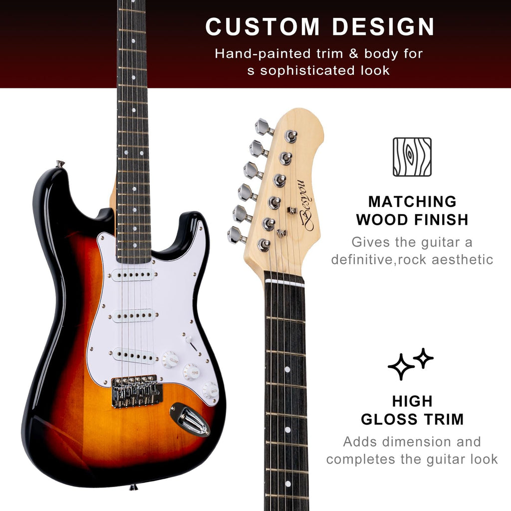 39 Inches Full Size Electric Guitar Beginner Electric Guitar Kits with 10W Amp Classic SSS Pickup Complete with Gig Bag Tuner Capo Strap Picks Guitar String Winders Black