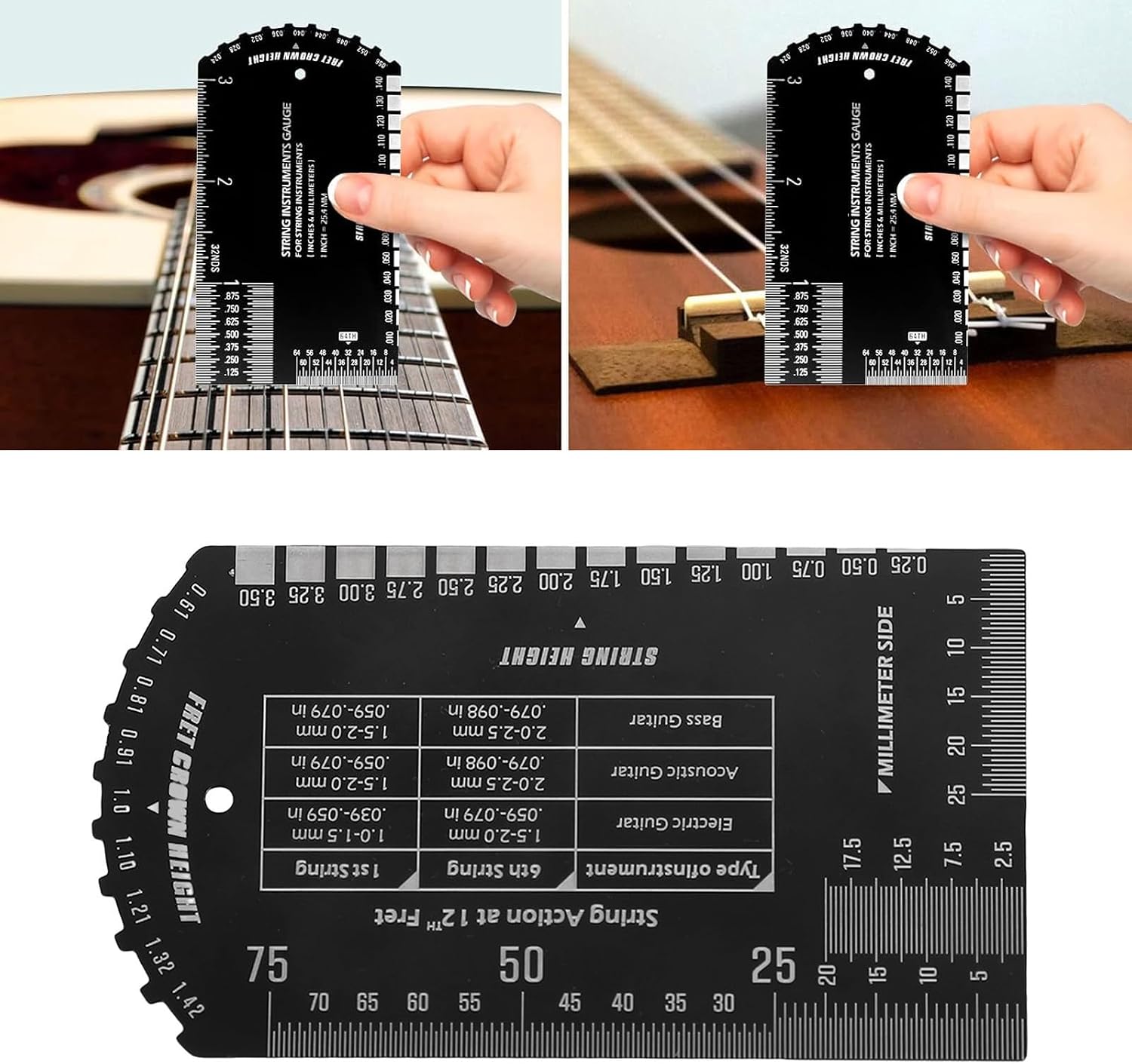 Alomejor String Action Gauge Ruler, Metric and SAE Measurement Scale, String Height Tool for Musical Instruments
