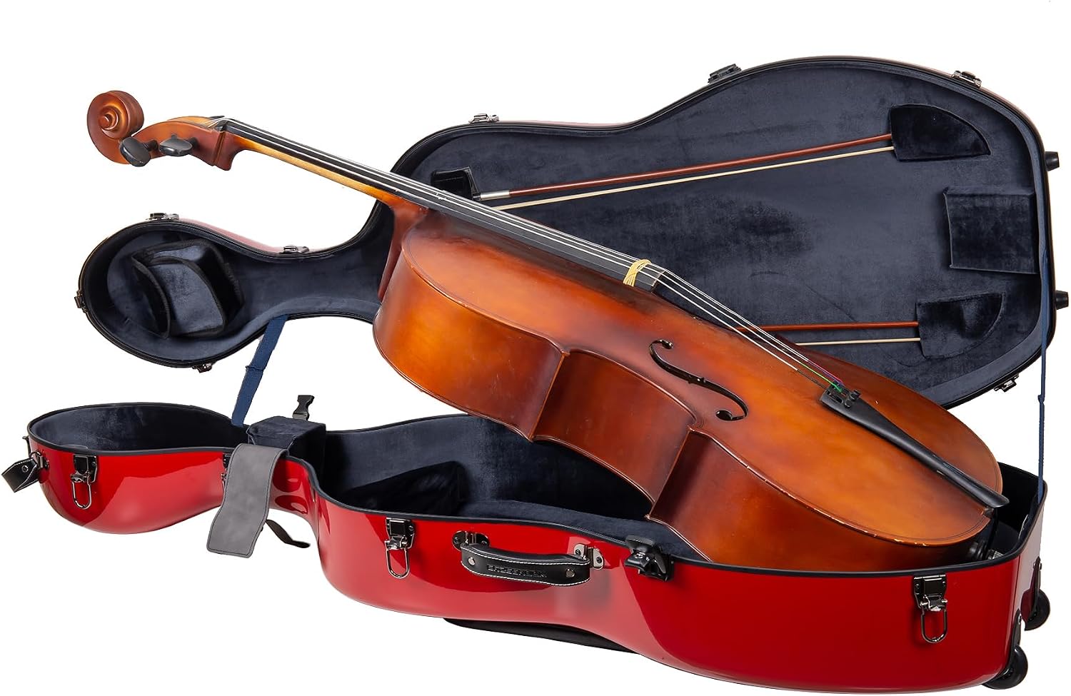 Crossrock Fiberglass 4/4 Cello Case with Wheels | Red Finish, Grey Velvet Interior, Combo Lock, Padded Music Pouch, 3 Handles – Full Size Hardshell (CRF2020CEFRD)