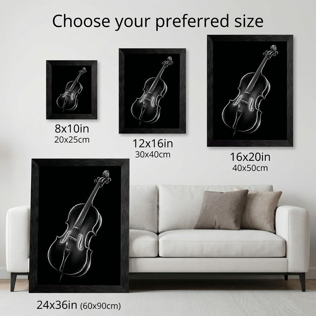 Framed Canvas Wall Art Minimalist Abstract Cello Musical Instrument Electric White Glowing Lines on Black Canvas Print Poster Black Frame Wall Decor for Music Room Studio Modern Art, Inch 24x36