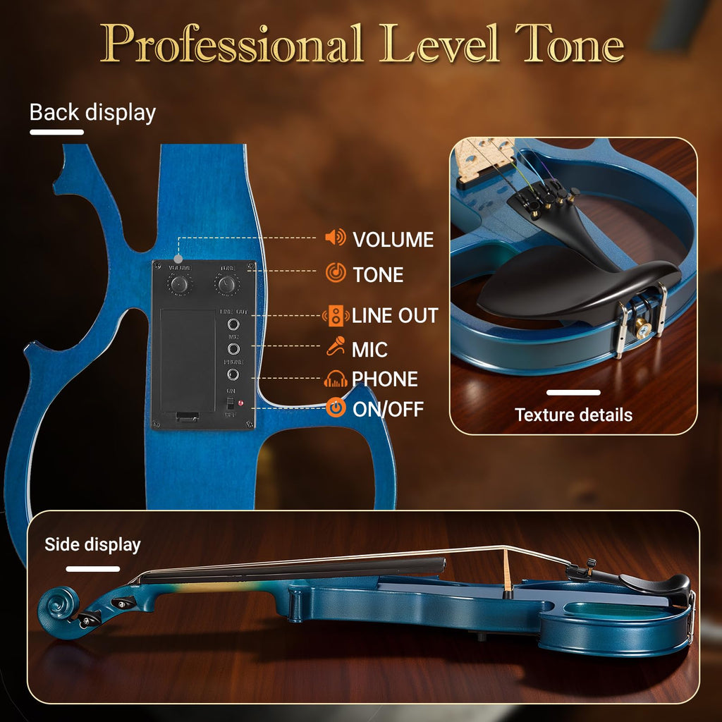 Cobalt Blue Silent Electric Violin 4/4 Full Size, Acoustic-Electric Violin for Beginners & Students, Quiet Practice with Headphones, High-Fidelity Pickup, Complete Starter Kit