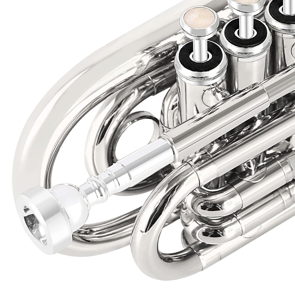 EastRock Pocket Trumpet Brass Bb Nickel Plated Trumpet with 7 C Mouthpiece, Hard Case, Strap, White Gloves, Cleaning Kit for Students and Beginners