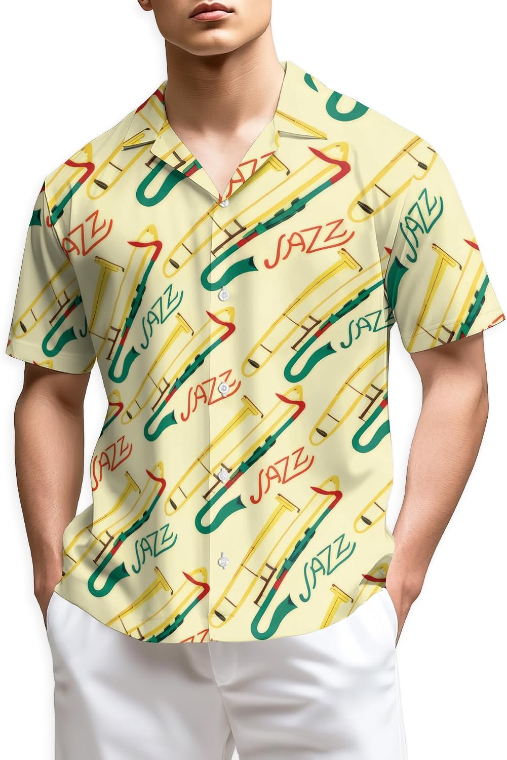 Trombone Pattern Hawaiian Shirt for Men, Summer Vacation Button Down Shirt, Aloha Beach Short Sleeve Shirt, S-5XL