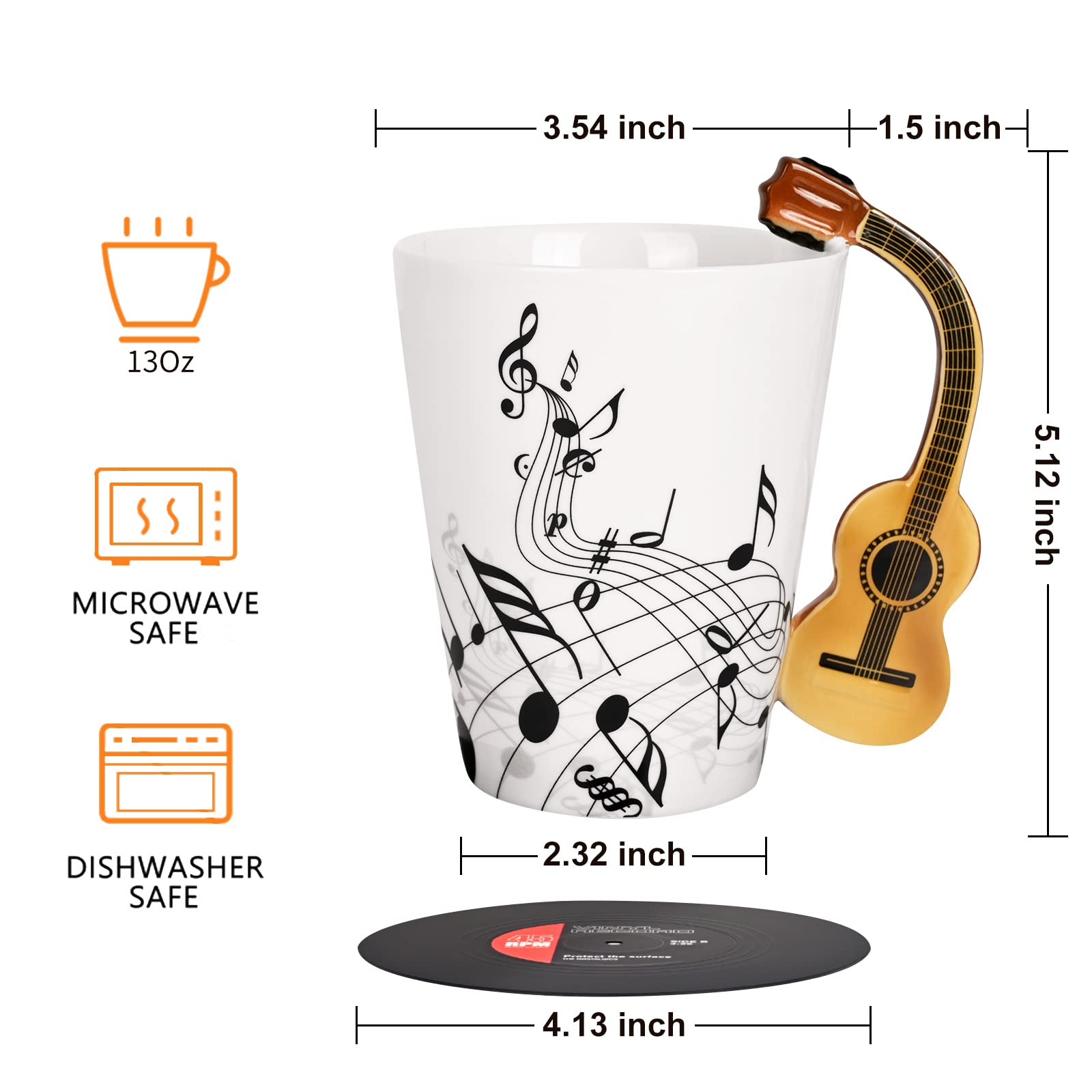 Maustic Novelty Violin Mug - 13 Oz Ceramic with Vinyl Record Coaster, Perfect for Music Lovers, Musicians, and Violinists - Ideal for Christmas or Birthday Gifts