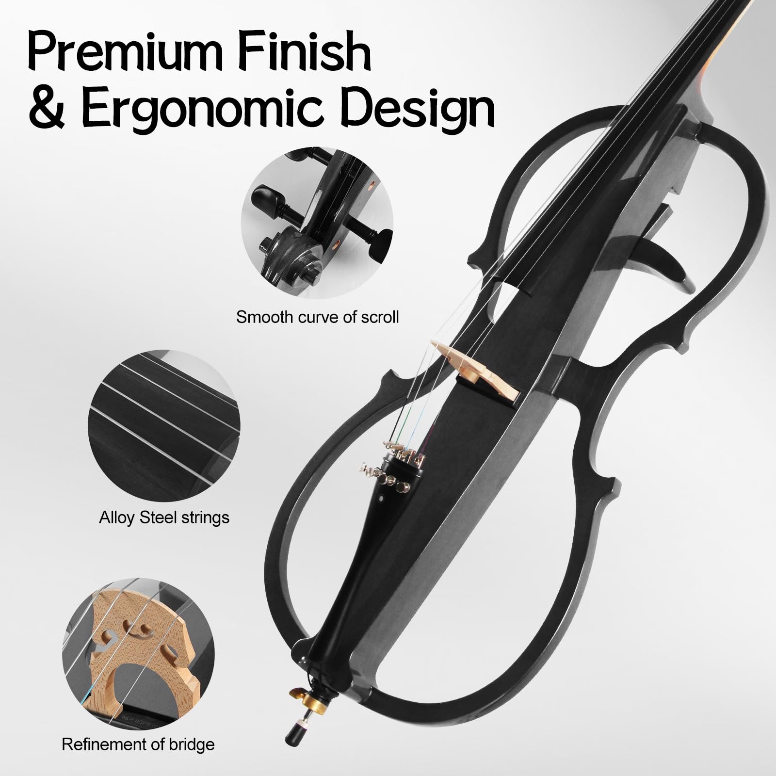 Electric Cello, Full Size Silent Practice Cello with Headphone Jack & Carry Bag, Professional Cello for Beginners/Adults