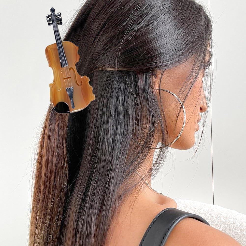 Decorative Violin Hair Clip,Novelty Acetate Claw Clips,Music Instrument Hair Clips for Women(Tortoiseshell Brown)