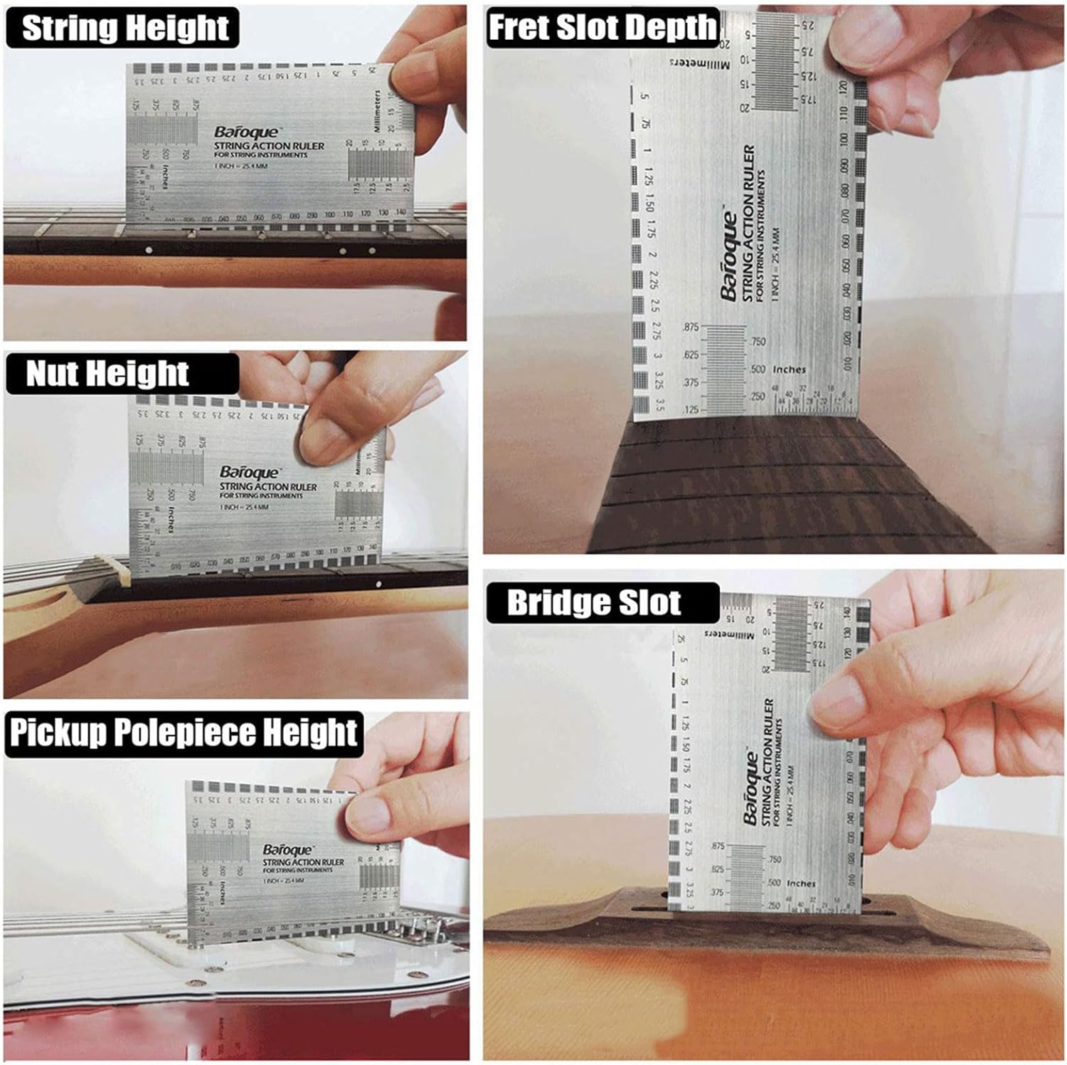 Muloo Stainless Steel String Action Ruler Gauge Guitar Repairing Tool for Guitar, Ukulele, Bass, Banjos, Mandolin Durable