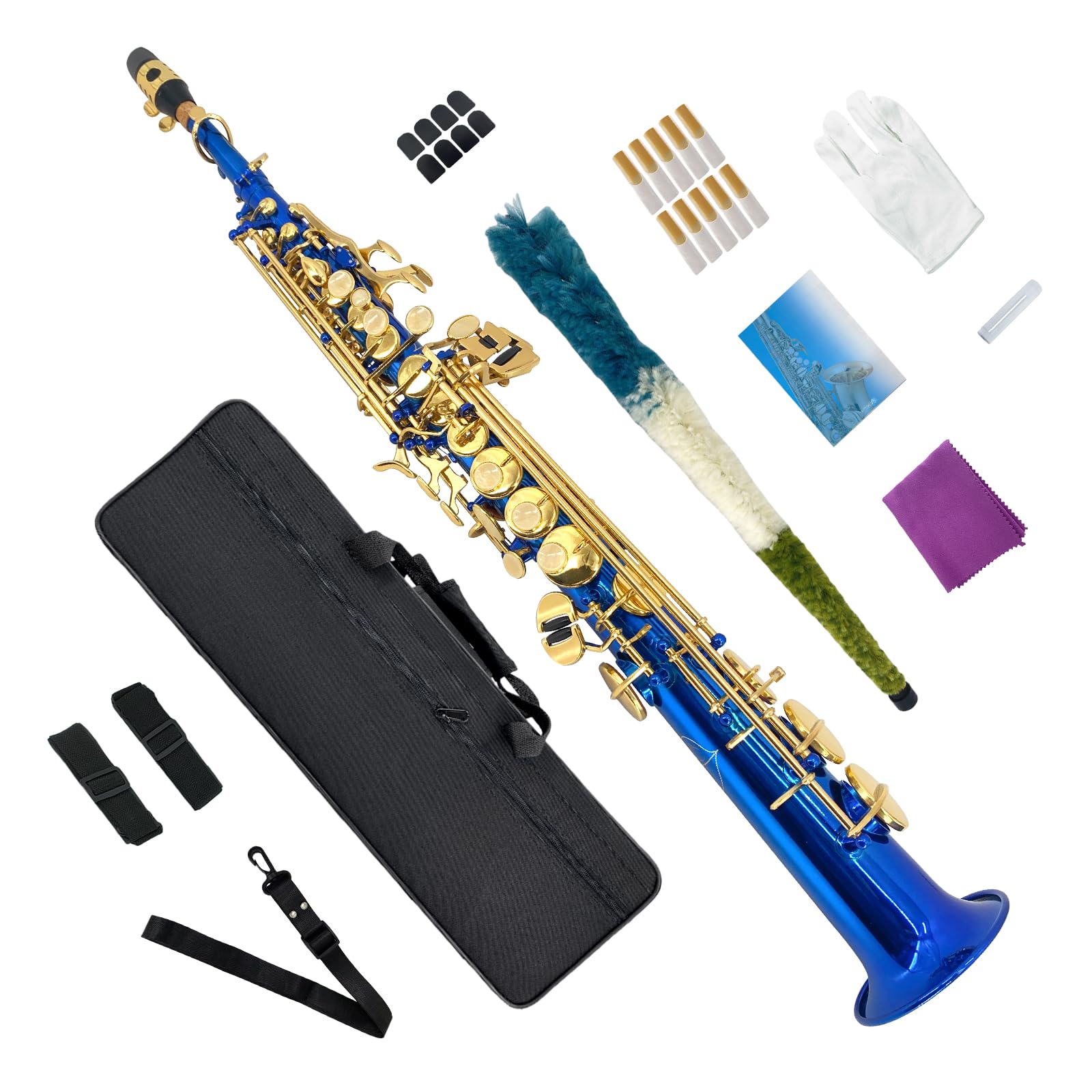Bb Straight Soprano Saxophone Gold Lacquer Brass with Exquisite Carving and Shell Keys Full Set Includes Hard Case Mouthpiece Reeds Gloves for Students