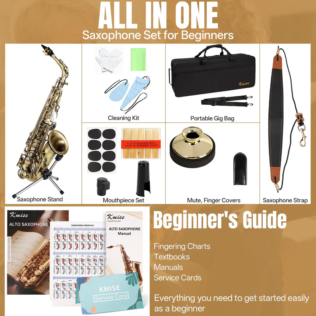 Kmise E Flat Alto Saxophone, Lightweight Saxophones for Students Beginner, Saxofon Full Kit with Portable Case, Sax Stand, Strap, Reeds, Beginner's Guides, Mute, Cleaning Kit (Gold Lacquer)