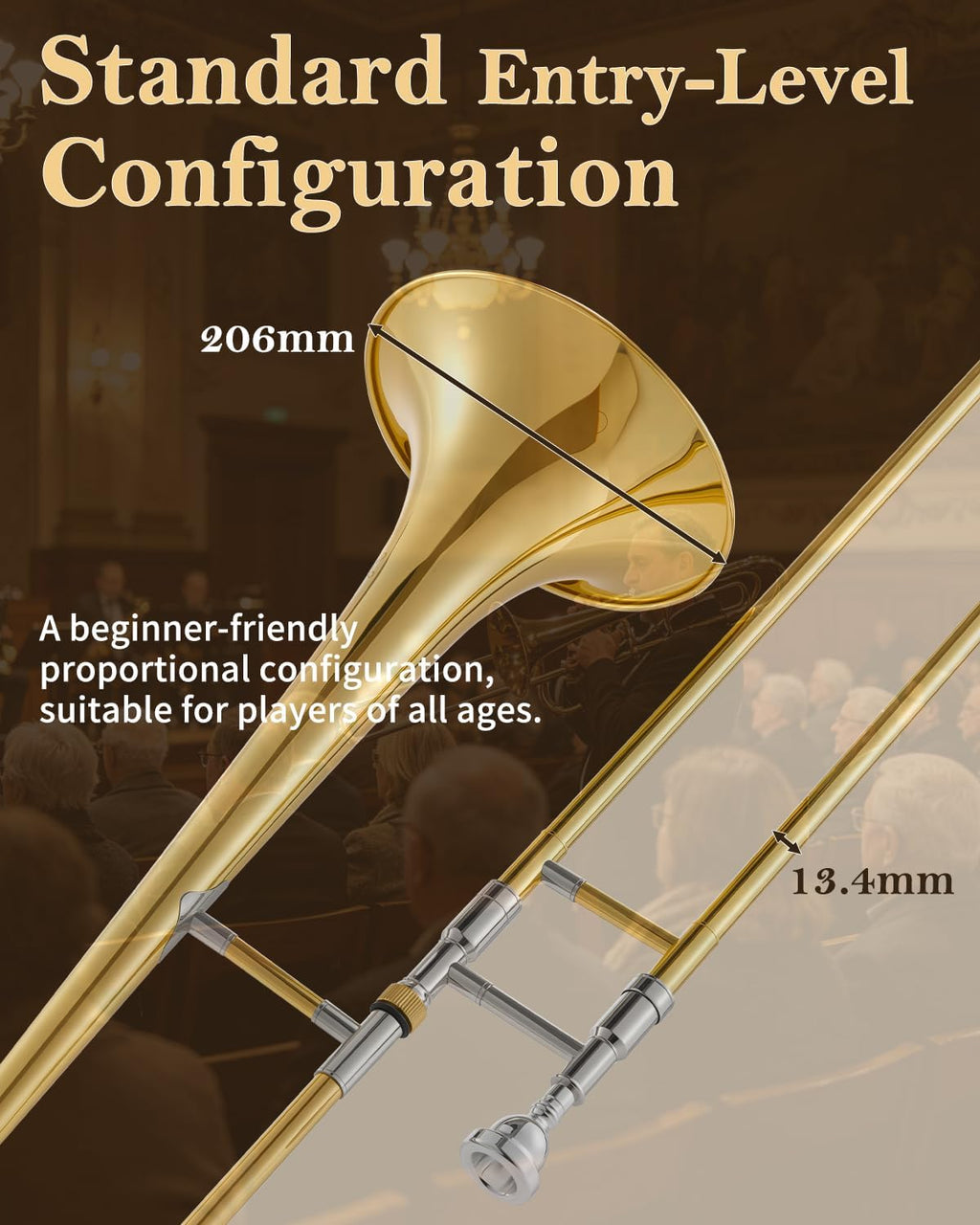 STRICH Bb Tenor Slide Trombone Student Beginner Brass Trombone Kit with 7C Mouthpiece White Gloves Cleaning Kit Hard Performance Case, STB-1G, Gold