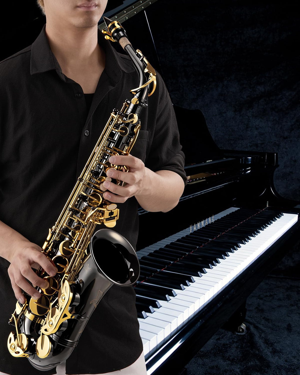 STRICH Eb Alto Saxophone Brass Student Beginner Alto Sax Kit with Hard Case Stand Neck Strap Mouthpiece and Reeds for School Band Home Practice, SSA-31B, Black
