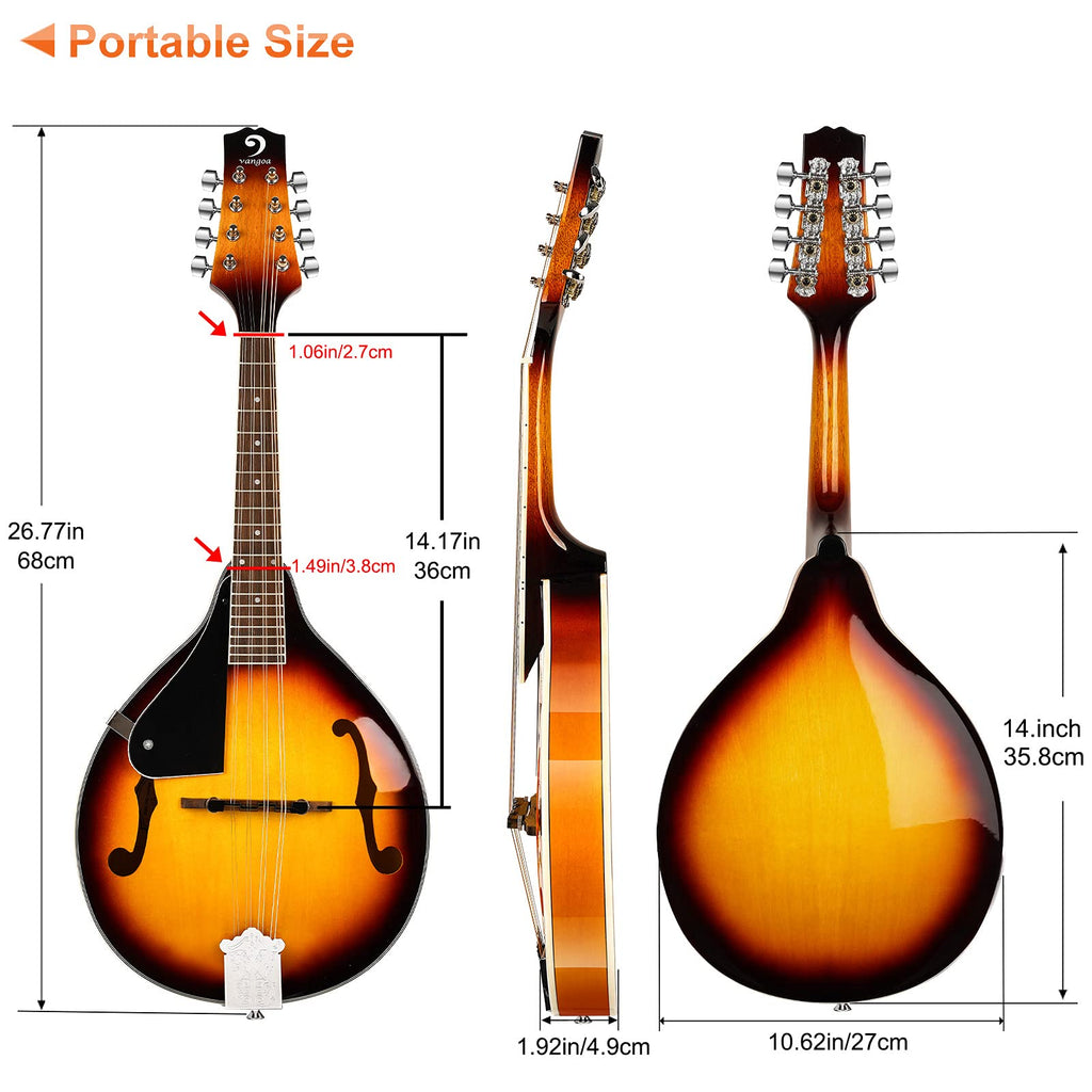 Vangoa Mandolin Musical Instrument A Style Acoustic Electric, 8 Strings Mahogany for Beginner Adults Teens, Red Burst
