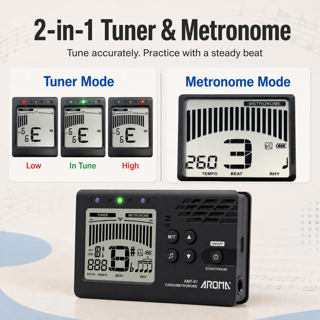 Ulumac Aroma 3-in-1 Digital Metronome Tuner for Guitar, Bass, Violin, Piano | For All Instruments - Ukulele, Trumpet, Flute, Clarinet - Accurate Chromatic Tuner, Tone Generator, Easy to Use, Pocket Size