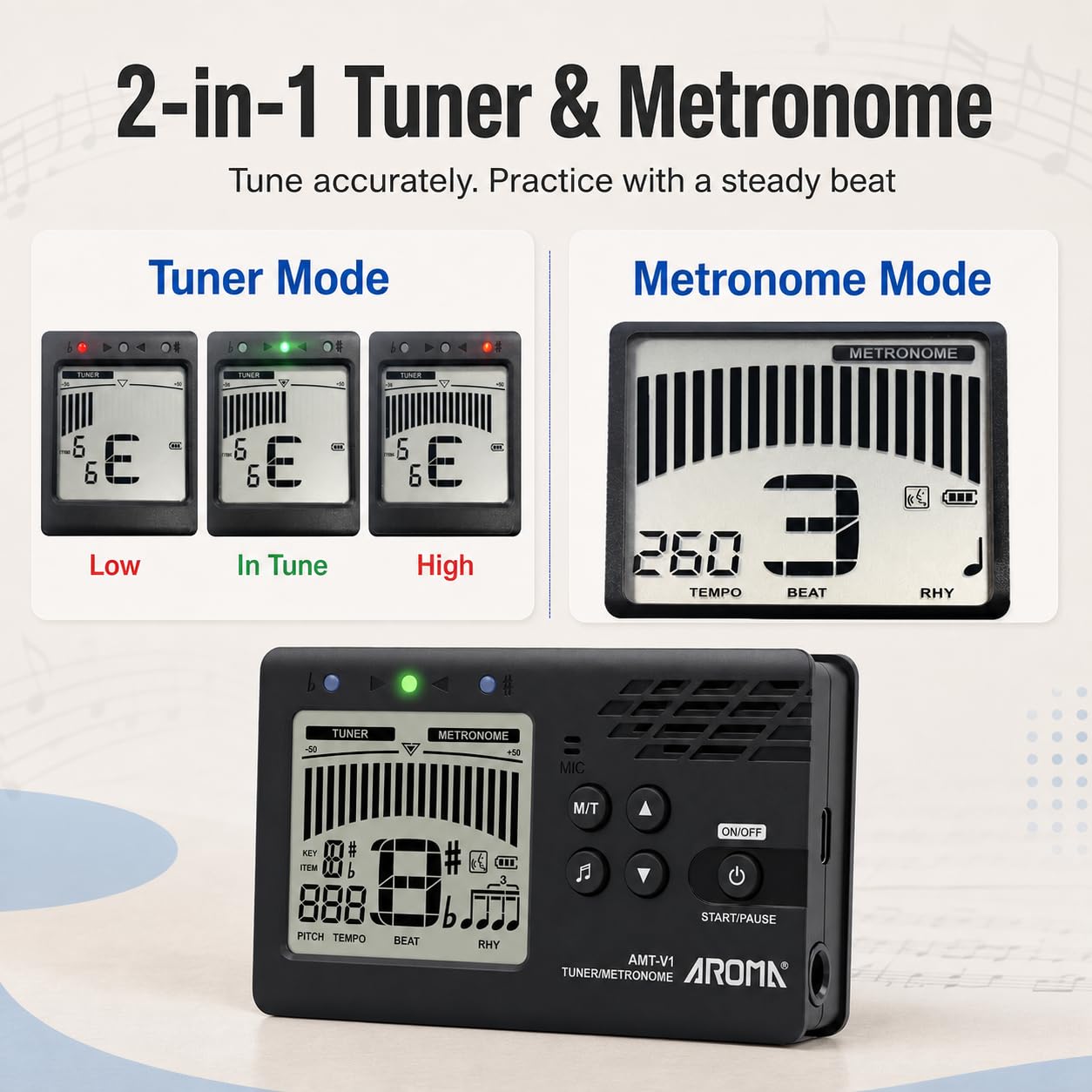 Ulumac Aroma 3-in-1 Digital Metronome Tuner for Guitar, Bass, Violin, Piano | For All Instruments - Ukulele, Trumpet, Flute, Clarinet - Accurate Chromatic Tuner, Tone Generator, Easy to Use, Pocket Size