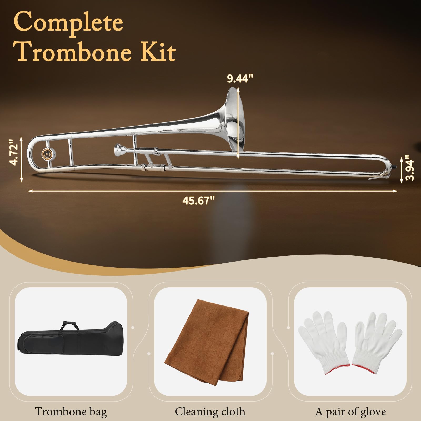 Ktaxon B Flat Tenor Trombone with Mouthpiece, Brass Slide Bb Trombones for Beginners, Portable Instrument Includes Cleaning Cloth, Gloves and Trombone Case (Golden)