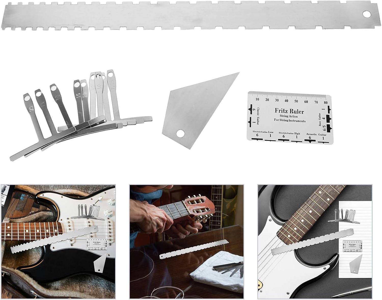 Luthier Guitar Tools Kit Stainless Steel String Action Ruler Fret Rocker Gauge String Height Gauge for Electric Guitar Setup and Maintenance