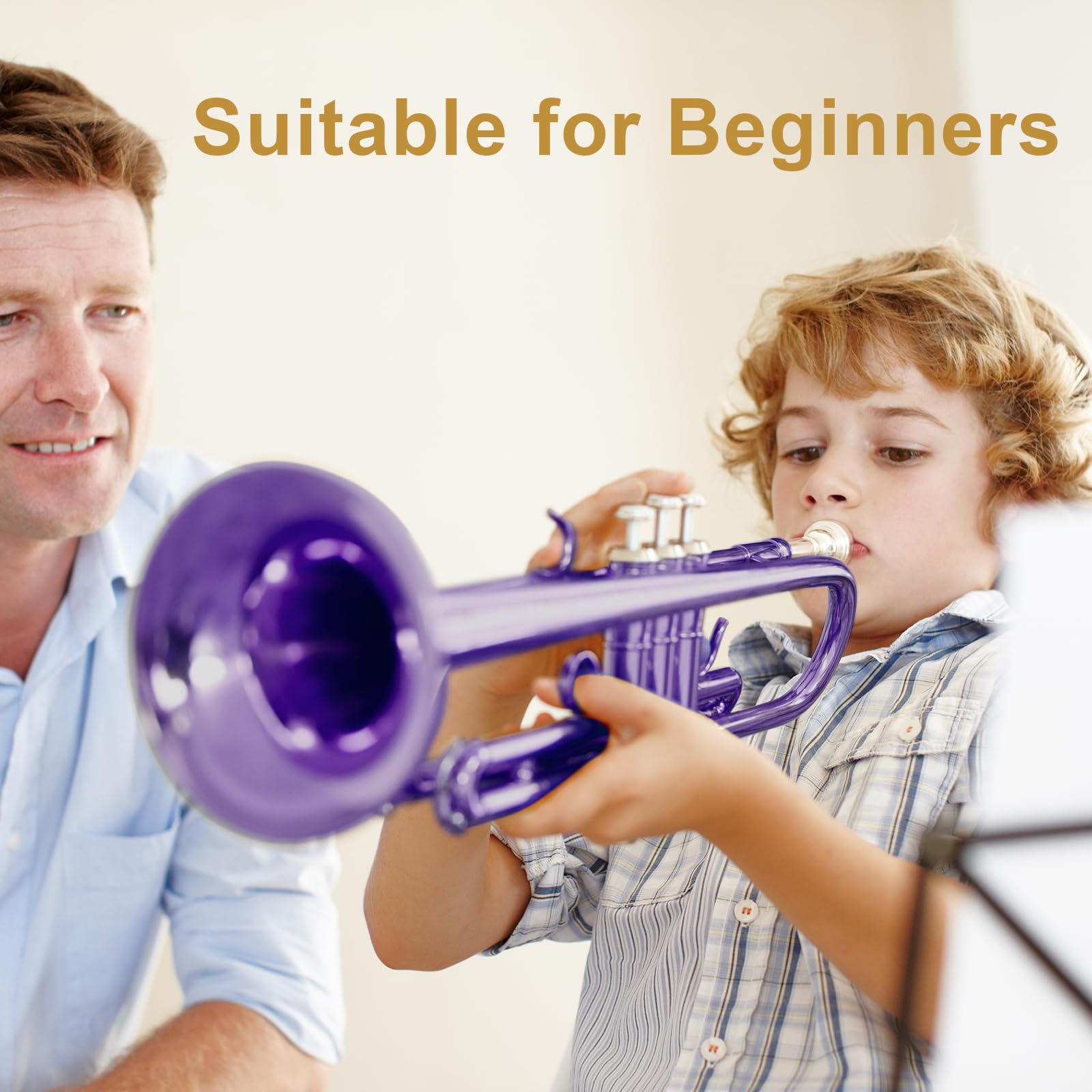 Ktaxon Bb Standard Trumpet for Beginners,Trumpet for Student with Hard Case,7C Mouthpiece,Cleaning Cloth,Gloves,Brass Instruments for Kids and Adults(Gold)