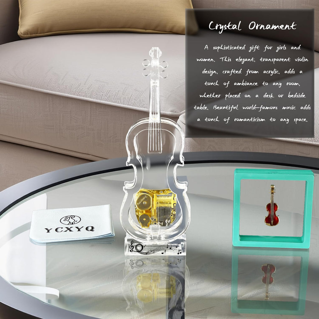 Large - Violin Music Box Mechanical Clockwork Crystal Violin High-End Acrylic Ornament Crystal Craft (Music: Castle in The Sky)