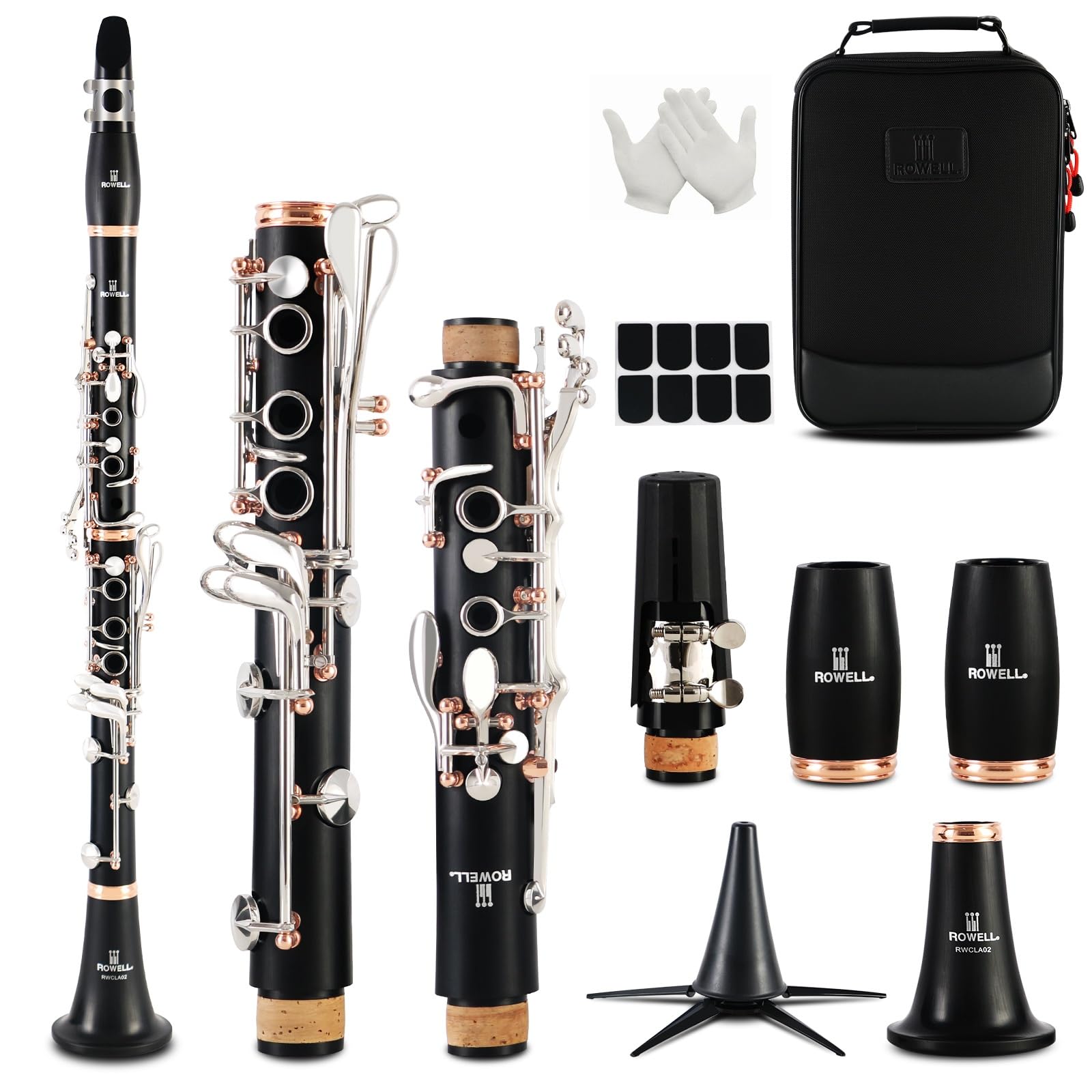 ROWELL 18 Key Bb Clarinet with Eb/Ab Lever & African Blackwood Wood Body Professional Rich Tone for Intermediate Players & Students Includes Case, Mouthpiece, Reeds