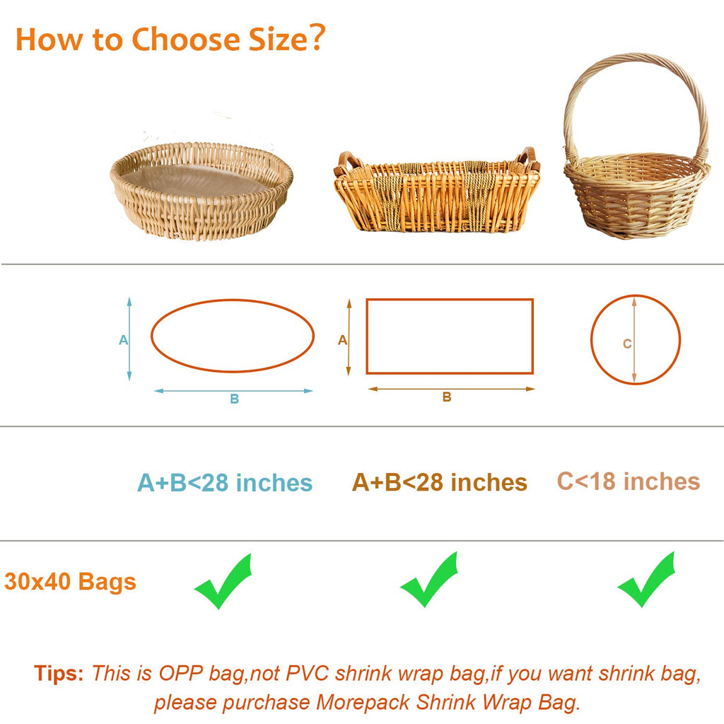 Morepack Large Cello/Cellophane Bags,30x 40 Inches Clear Basket Bags OPP Plastic Cellophane Wrap for Gift Baskets Packaging 20 Pieces (No Bow or Ribbon Included)