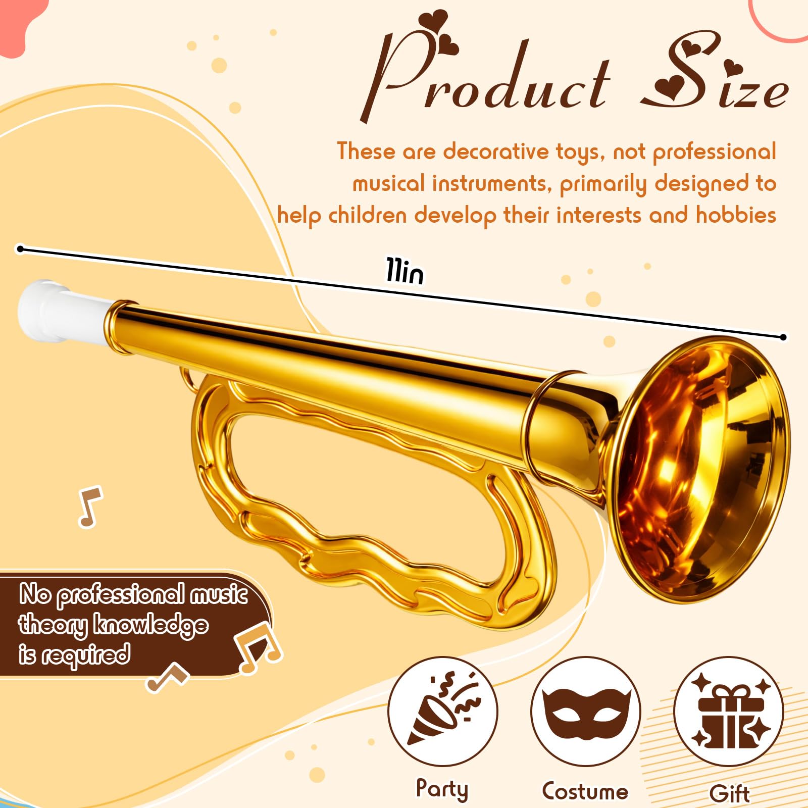 Lewtemi Gold Trumpet Musical Instruments Toy for Kid Toddler Fake Plastic Preschool Music Toy Gift Non-Professional Wind Instrument Early Educational Teaching Songs Gifts for Toddlers Children