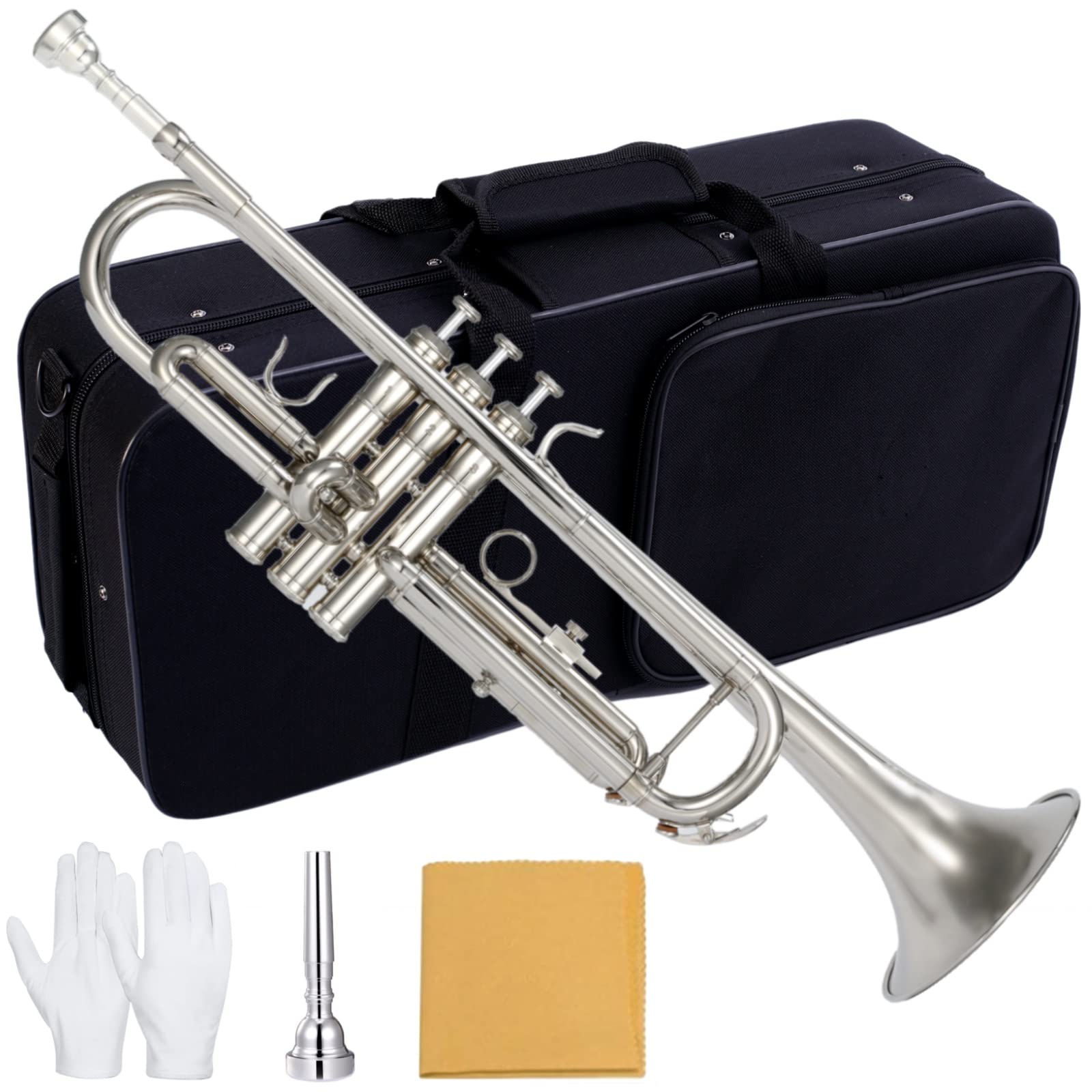 Bb Trumpet for Beginner/Advanced Student, Brass Instrument with 7C Mouthpiece, Hard Case, Polishing Cloth, Gloves, Cleaning Kit (2 Short + 1 Long Brush), Golden for Kids & Adults