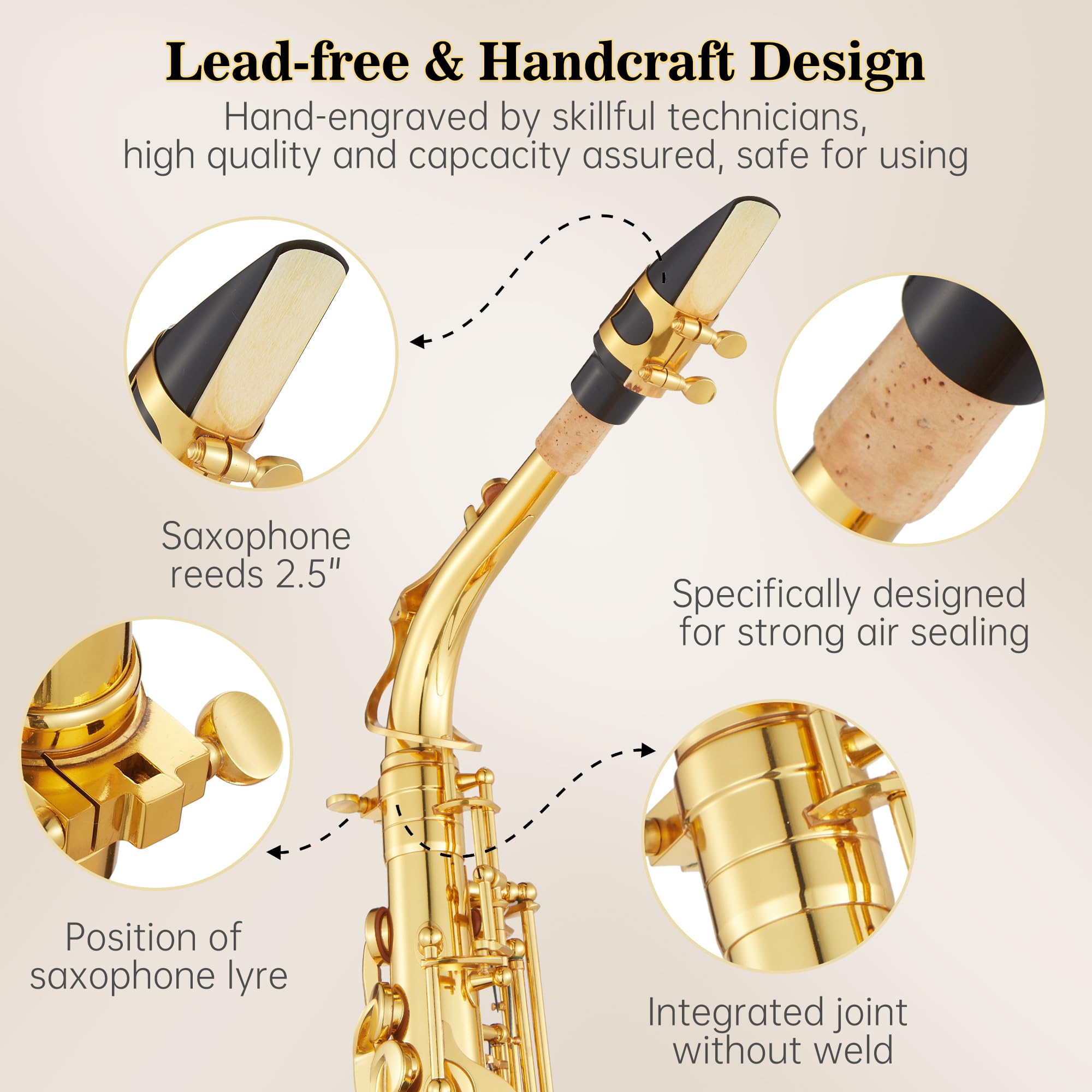 Senfot AS-100 Eb Alto Saxophone Gold Lacquer Alto Sax Full Kit With Cleaning Cloth, Gloves, Brush, Headjoint, Reed, Strap, Stand, Tube Case, Saxophone for Beginners and Professional, Gold
