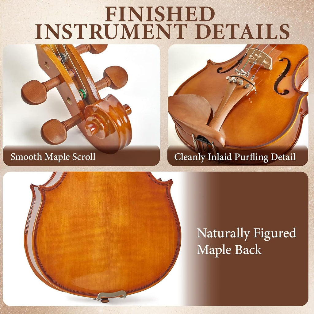 15 Inch Viola for Students and Adults, Solid Spruce Top with Flamed Maple Back and Sides, Handcrafted Acoustic Viola with Warm Rich Tone