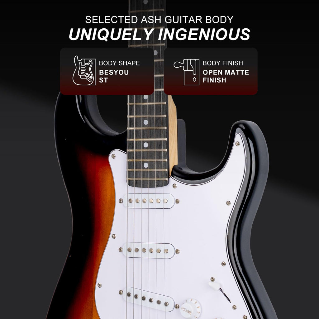 39 Inches Full Size Electric Guitar Beginner Electric Guitar Kits with 10W Amp Classic SSS Pickup Complete with Gig Bag Tuner Capo Strap Picks Guitar String Winders Black