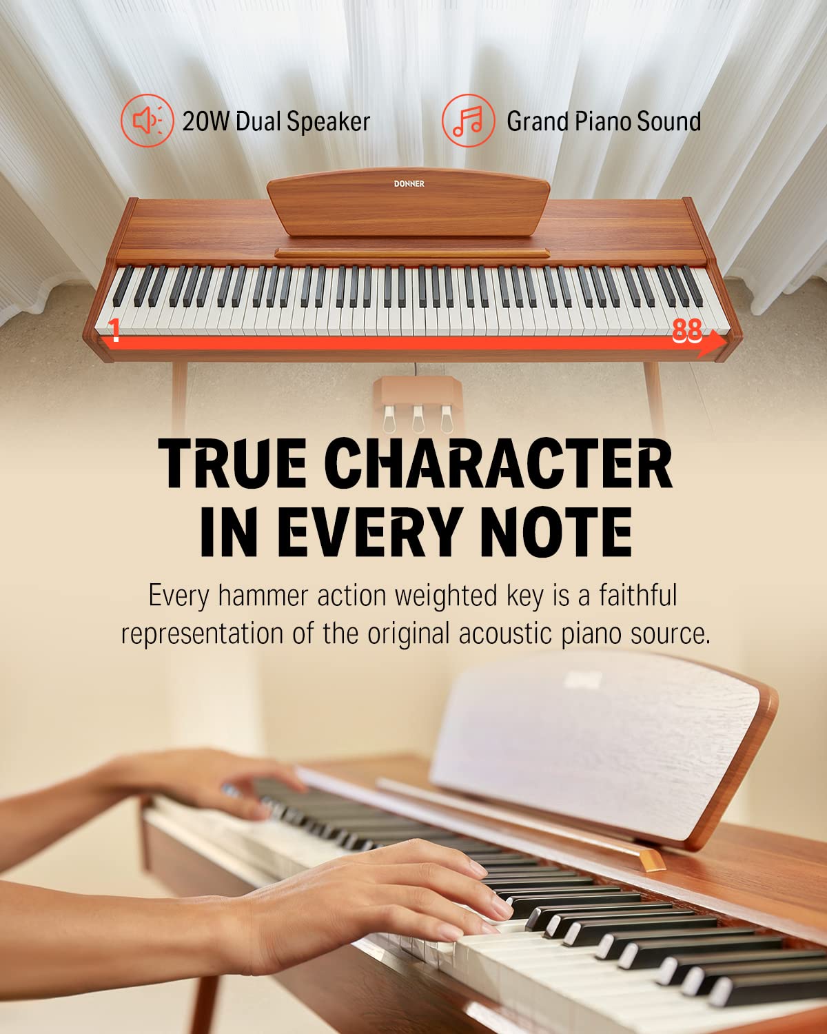 Donner DDP-80 PLUS Digital Piano 88 Key Weighted Keyboard, Home Electric Piano, Supports USB-MIDI & Headphones Connection, Semi-open Cover Designed, with Metal Three Pedal, Power Adapter