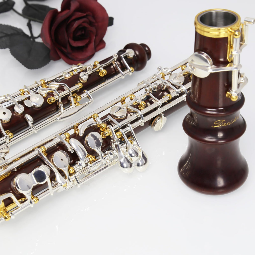 Oboe Professional Performance Level Redwood Body Silver Plated Semi Automatic C Tone with Reeds, Cleaning Cloth, Oboe Swab, Powder Paper, Absorbing Paper, Thumb Rest, Screwdriver, Gloves, Case