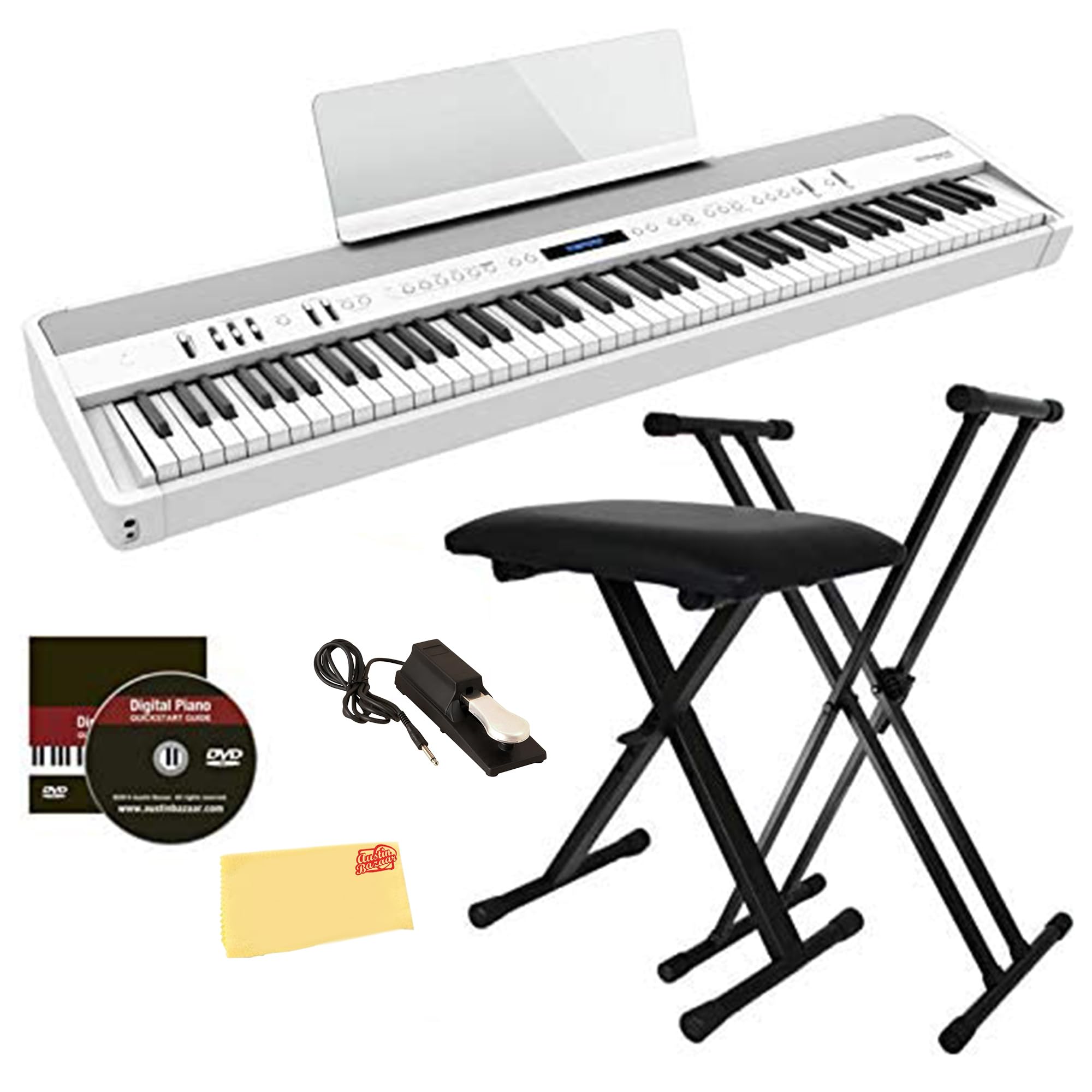 Roland FP-90X 88-Key Digital Piano - White Bundle with KSC-90 Stand, Three Pedal Unit, Bench, Online Lessons, Instructional DVD, and Austin Bazaar Polishing Cloth