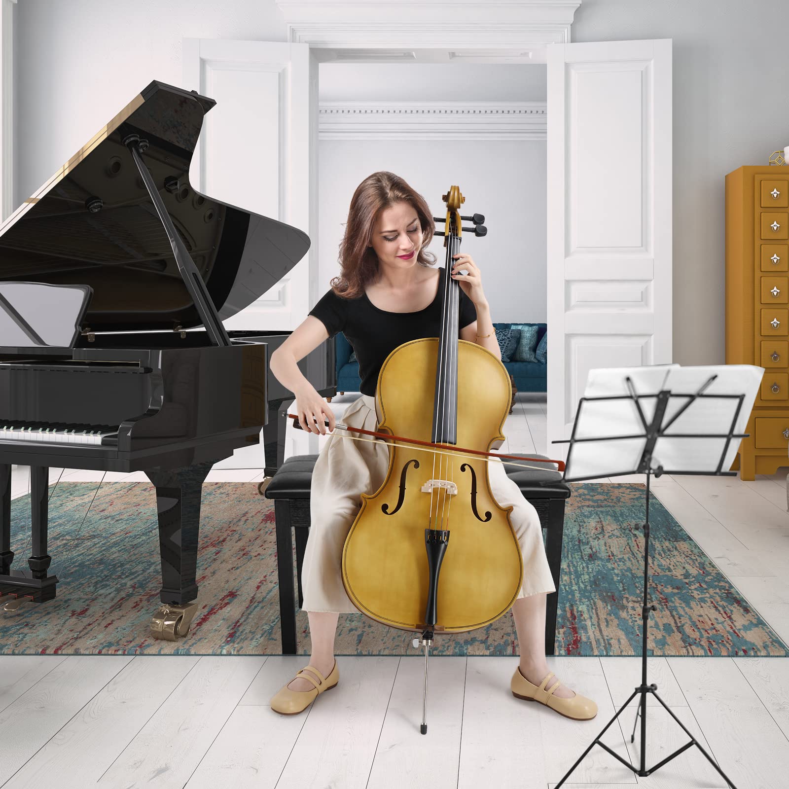 Ktaxon Full-Size Cello, Beginner Cello 4/4, Acoustic Cello Set with Portable Bag, Bow, Rosin, Bridge, Adults & Kids String Musical Instruments(White)